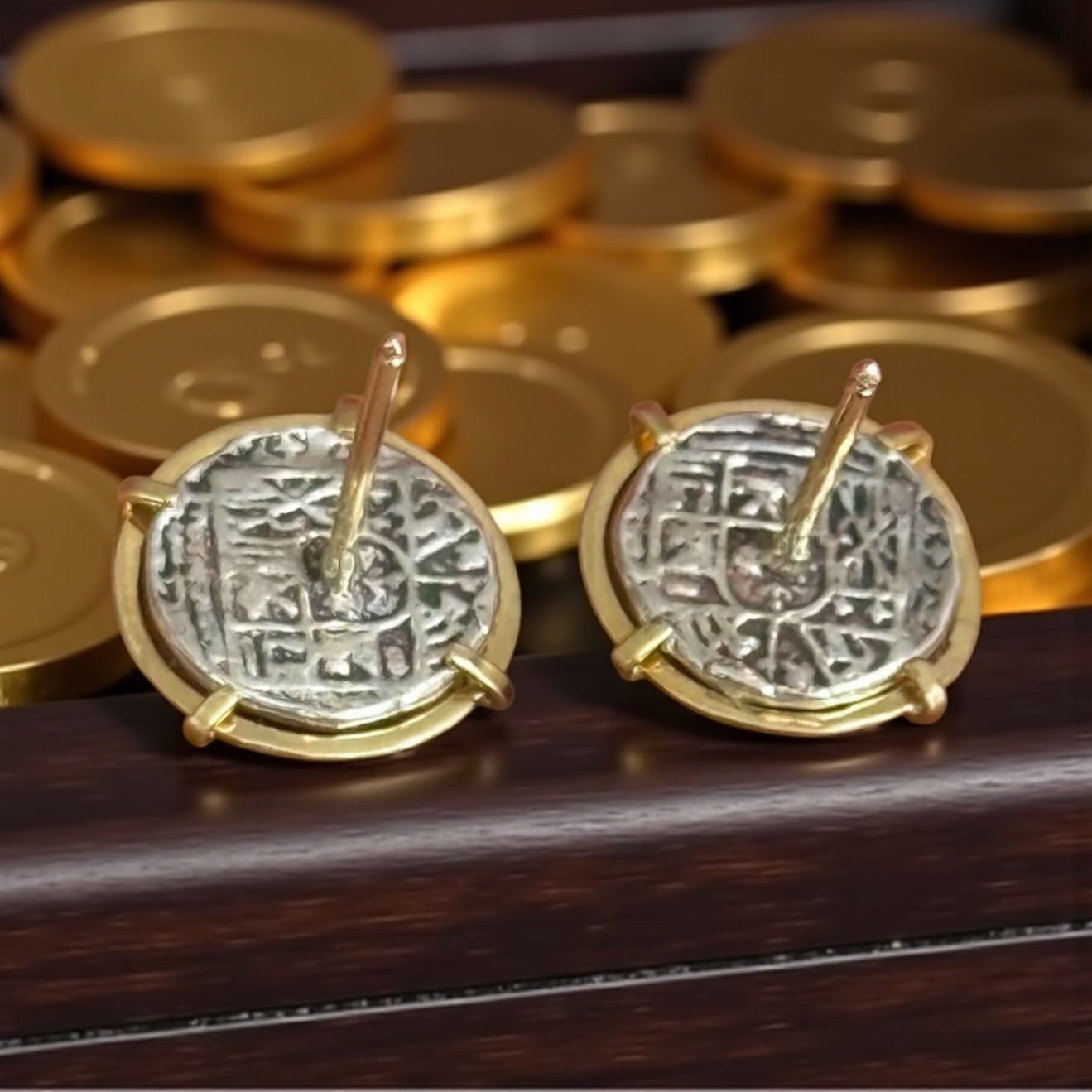 ATOCHA MINI SILVER COIN EARRINGS IN 14k GOLD BEZEL 12MM