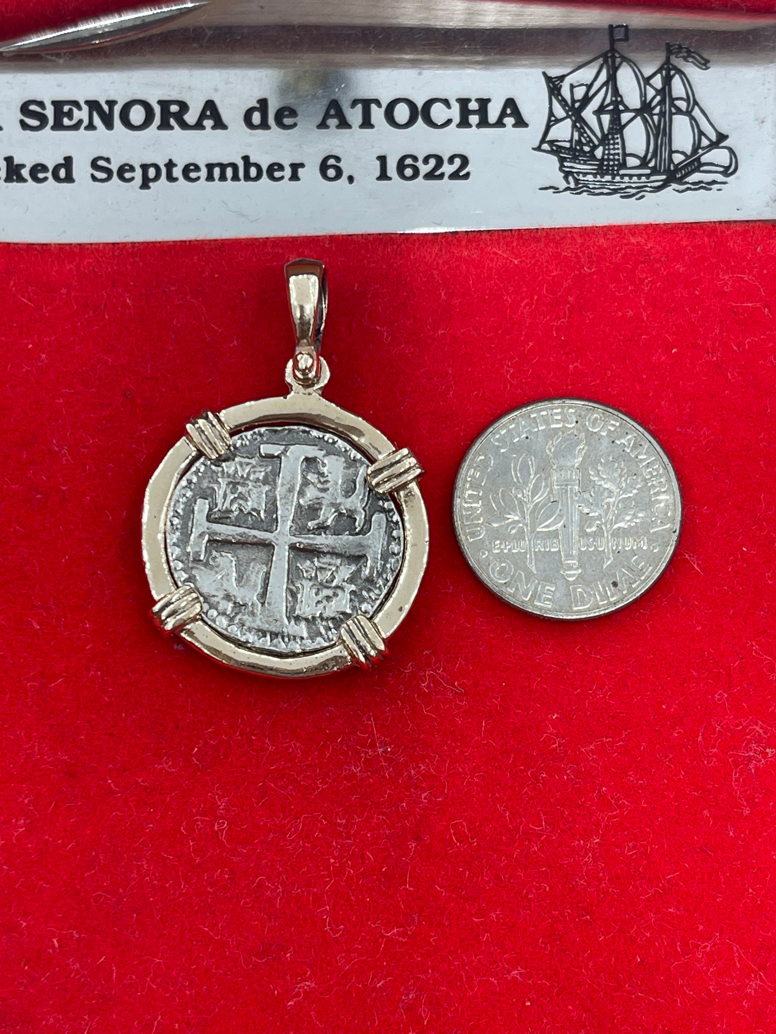 ATOCHA SILVER COIN PENDANT IN 14K REAL SOLID GOLD BEZEL HANDMADE FROM ATOCHA SILVER