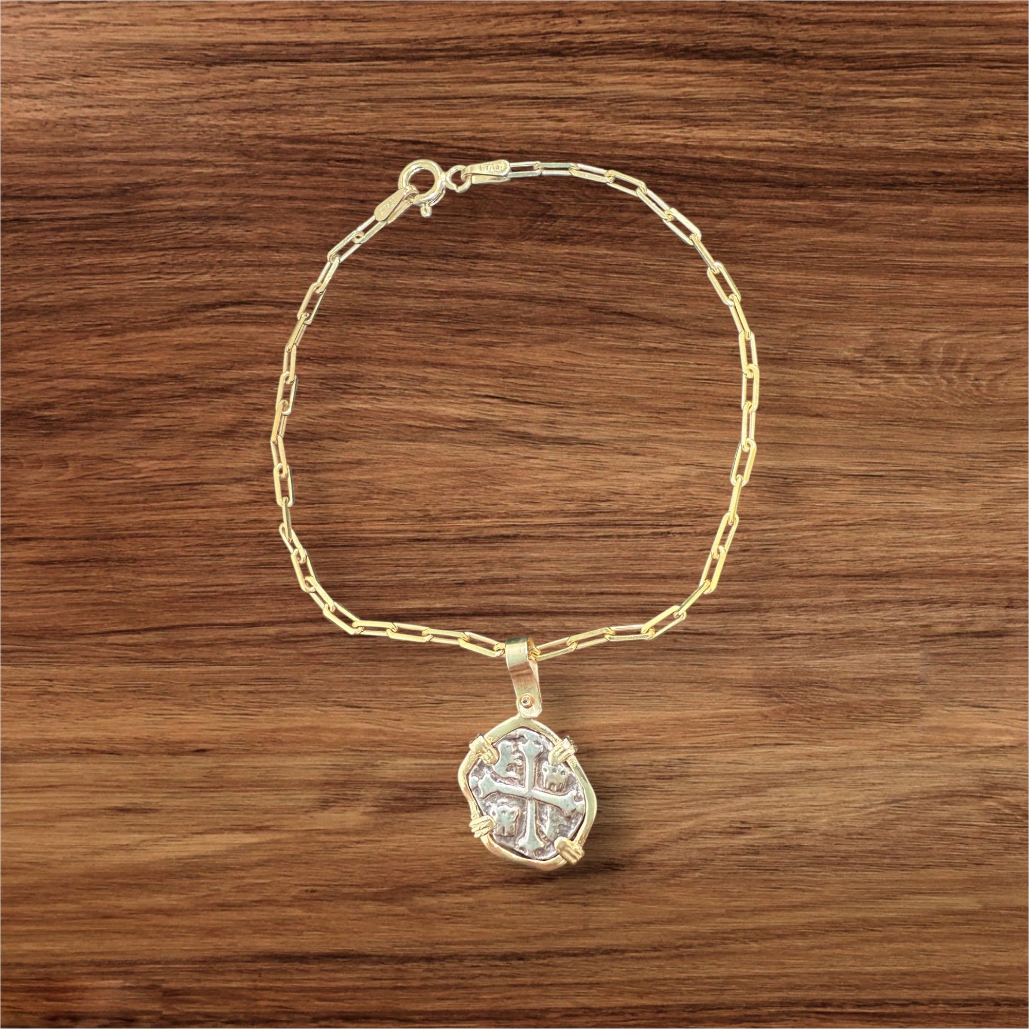 Atocha mini coin in 14k gold bezel charm bracelet set in 925 silver paper clip bracelet 1.9mm