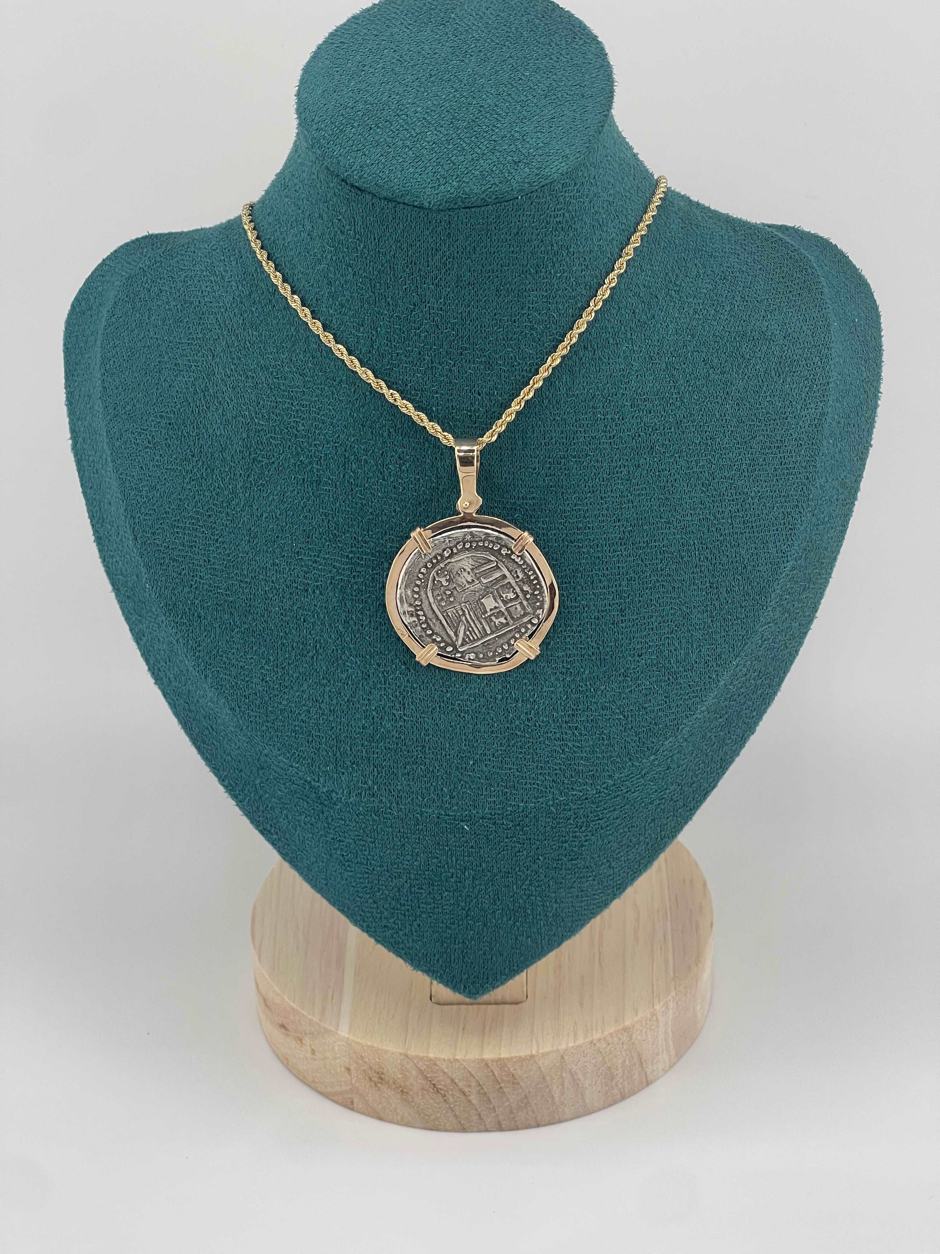 NUESTRA SENORA DE ATOCHA SILVER COIN PENDANT IN 14KT SOLID GOLD BEZEL