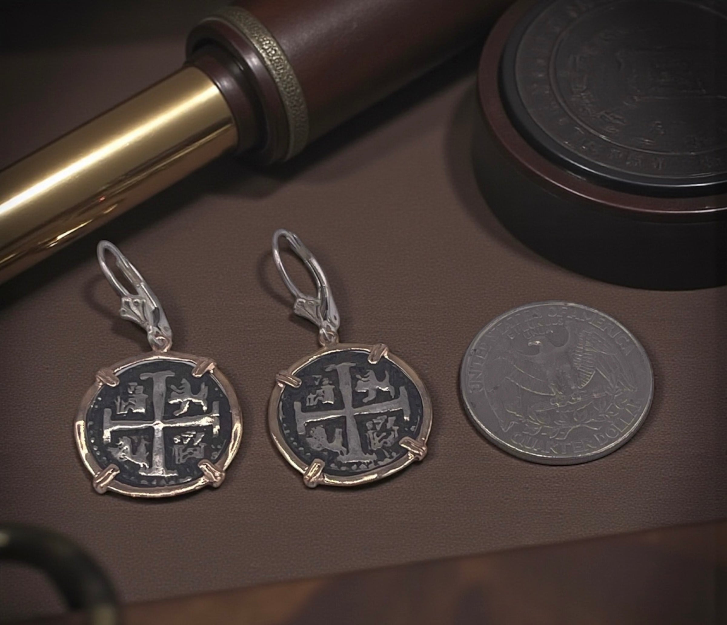 NUESTRA SENORA DE ATOCHA SILVER COIN EARRINGS IN 14k GOLD BEZEL