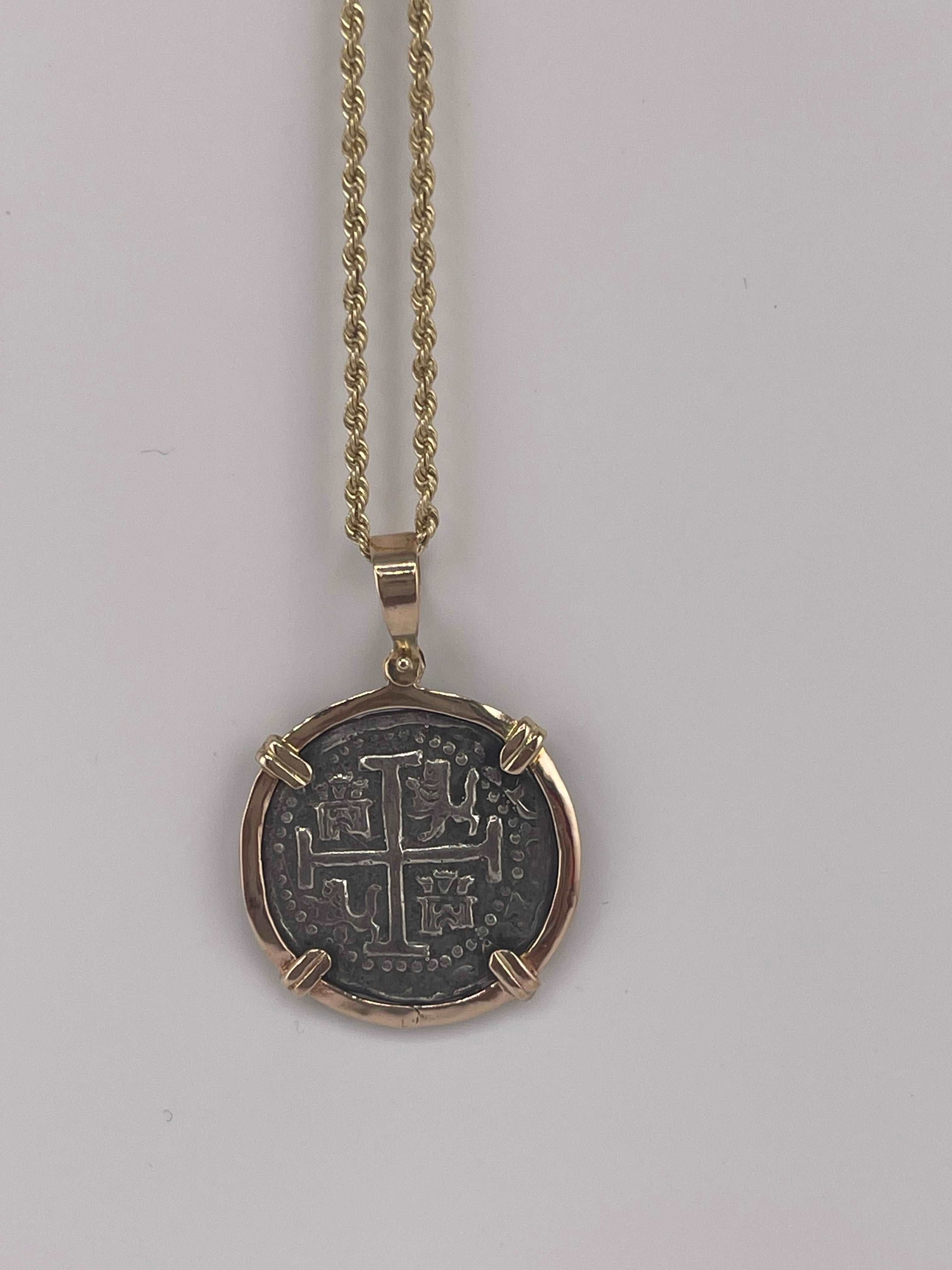 NUESTRA SENORA DE ATOCHA SILVER COIN PENDANT IN 14KT SOLID GOLD BEZEL