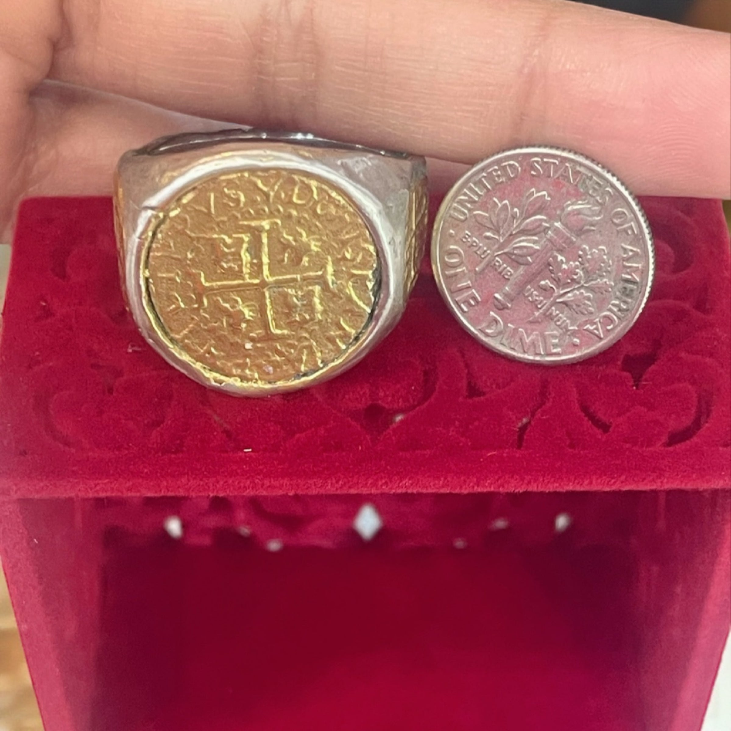 NUESTRA SENORA DE ATOCHA SILVER SOLID HEAVY COIN RING IN 14k GOLD PLATED COINS