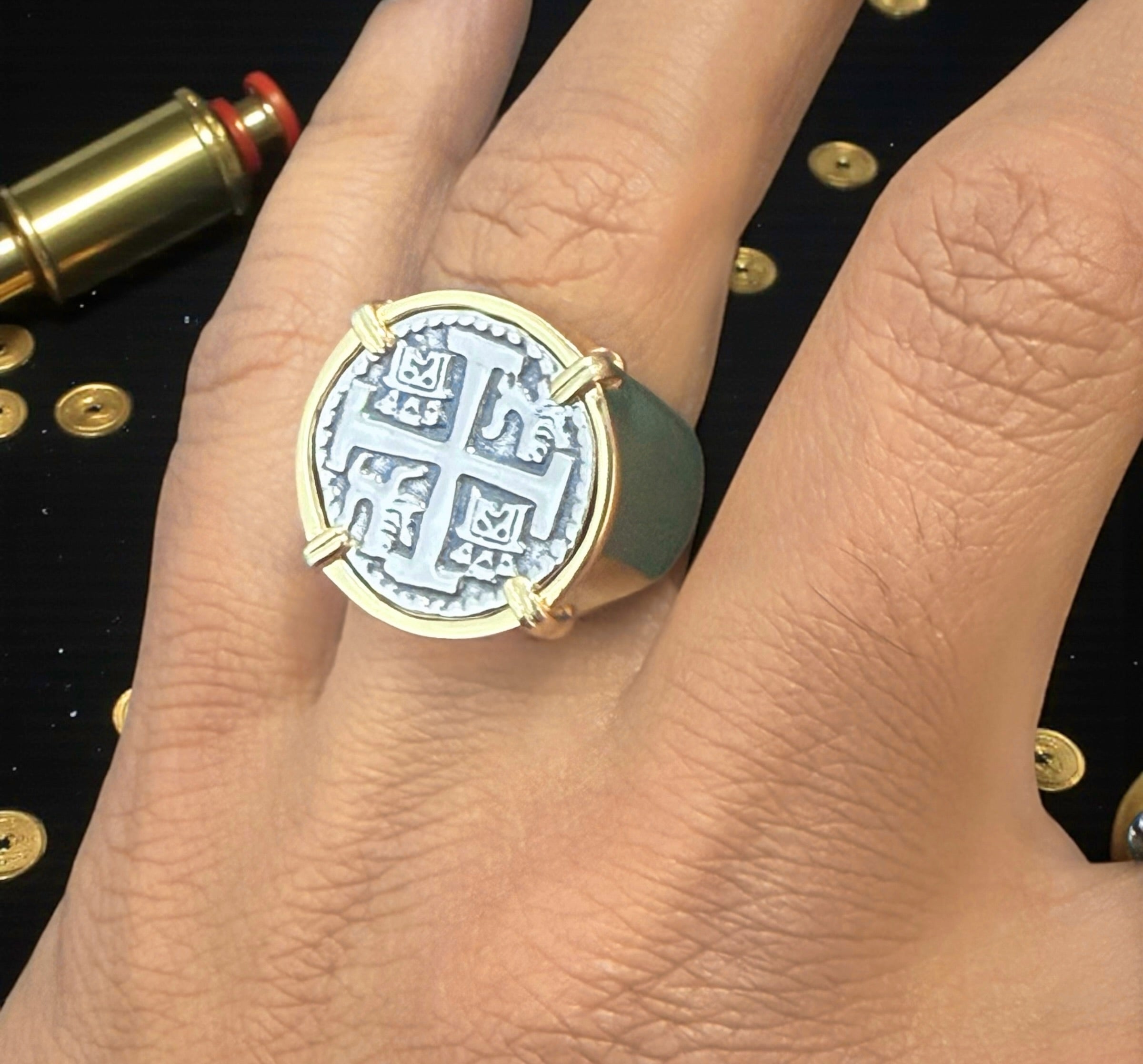 NUESTRA SENORA DE ATOCHA SILVER COIN RING IN 14k GOLD VERMAIL
