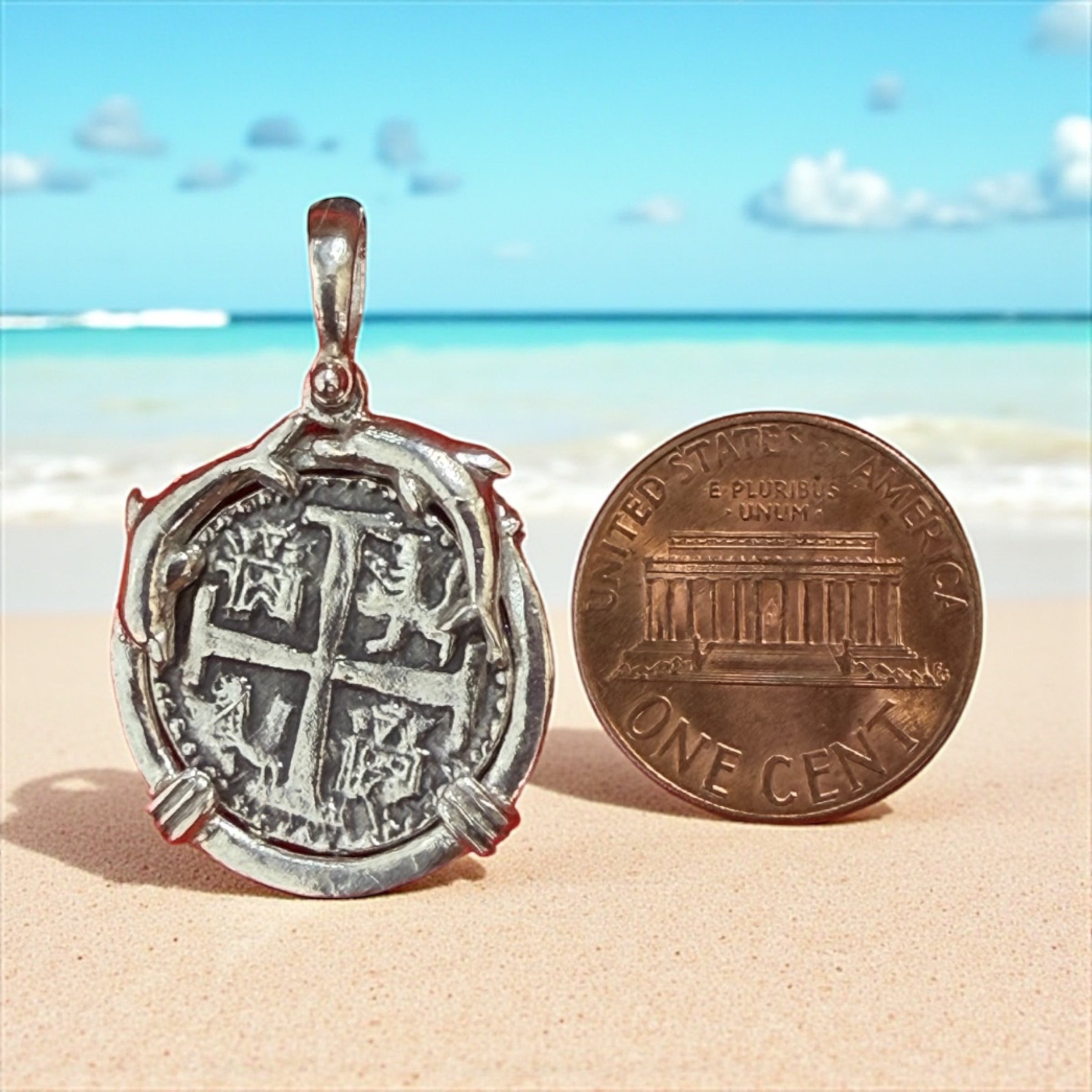 Atocha Shipwreck Treasure Mel fisher silver mini coin pendant on dolphin