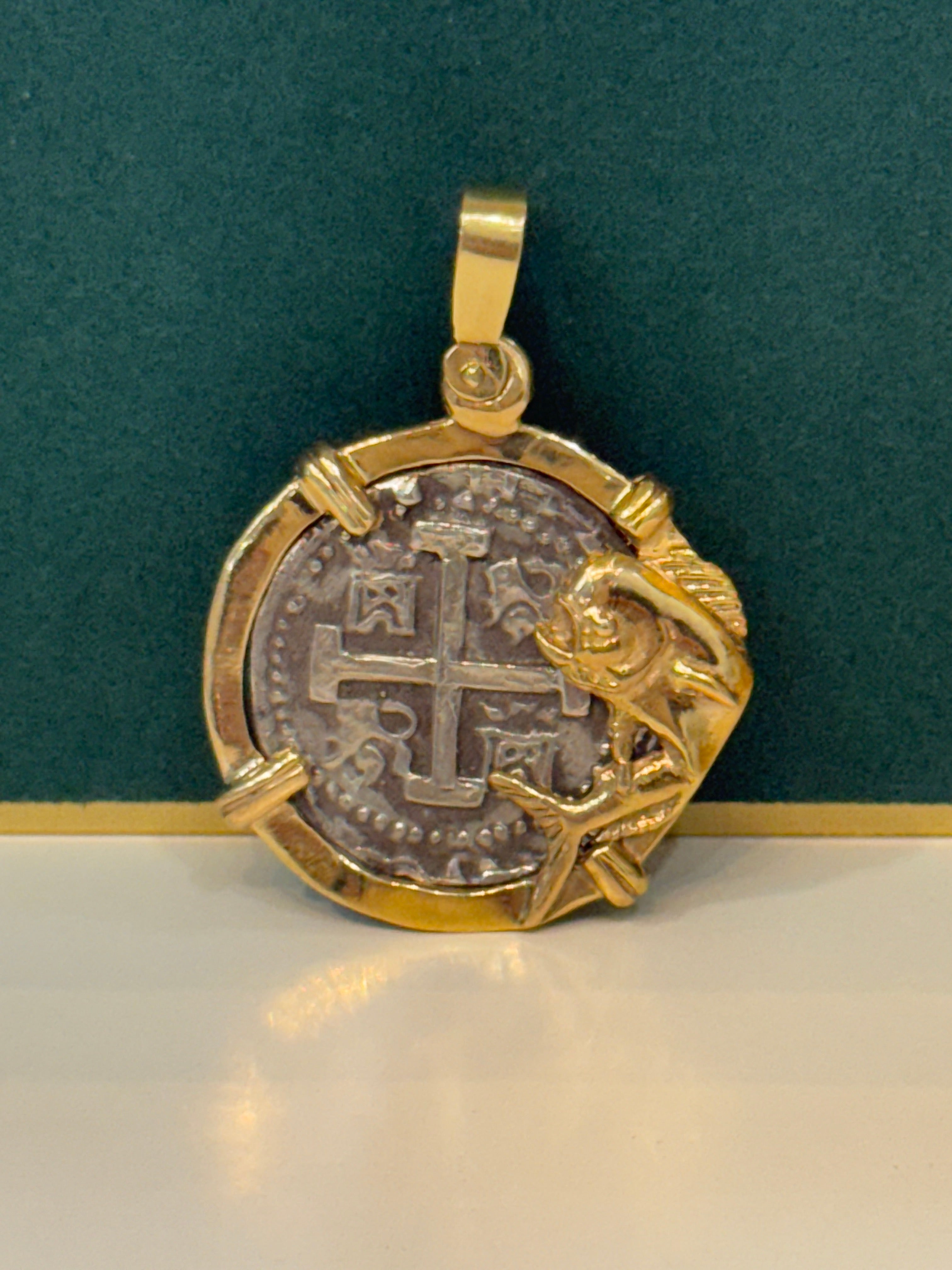 ATOCHA SOLID SILVER COIN PENDANT IN 14KT SOLID REAL GOLD MAHI MAHI FISH BEZEL