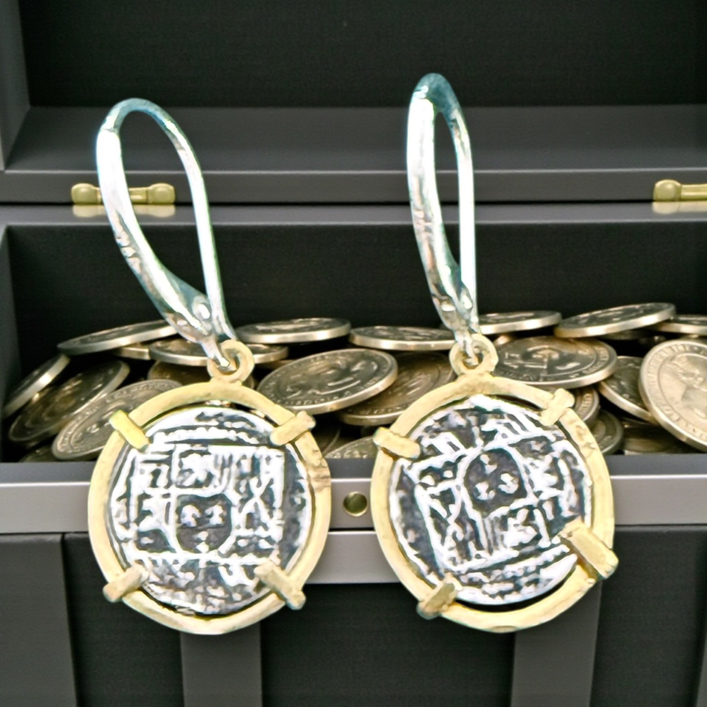 ATOCHA MINI SILVER COIN DANGLE EARRINGS IN 14k GOLD BEZEL 12MM