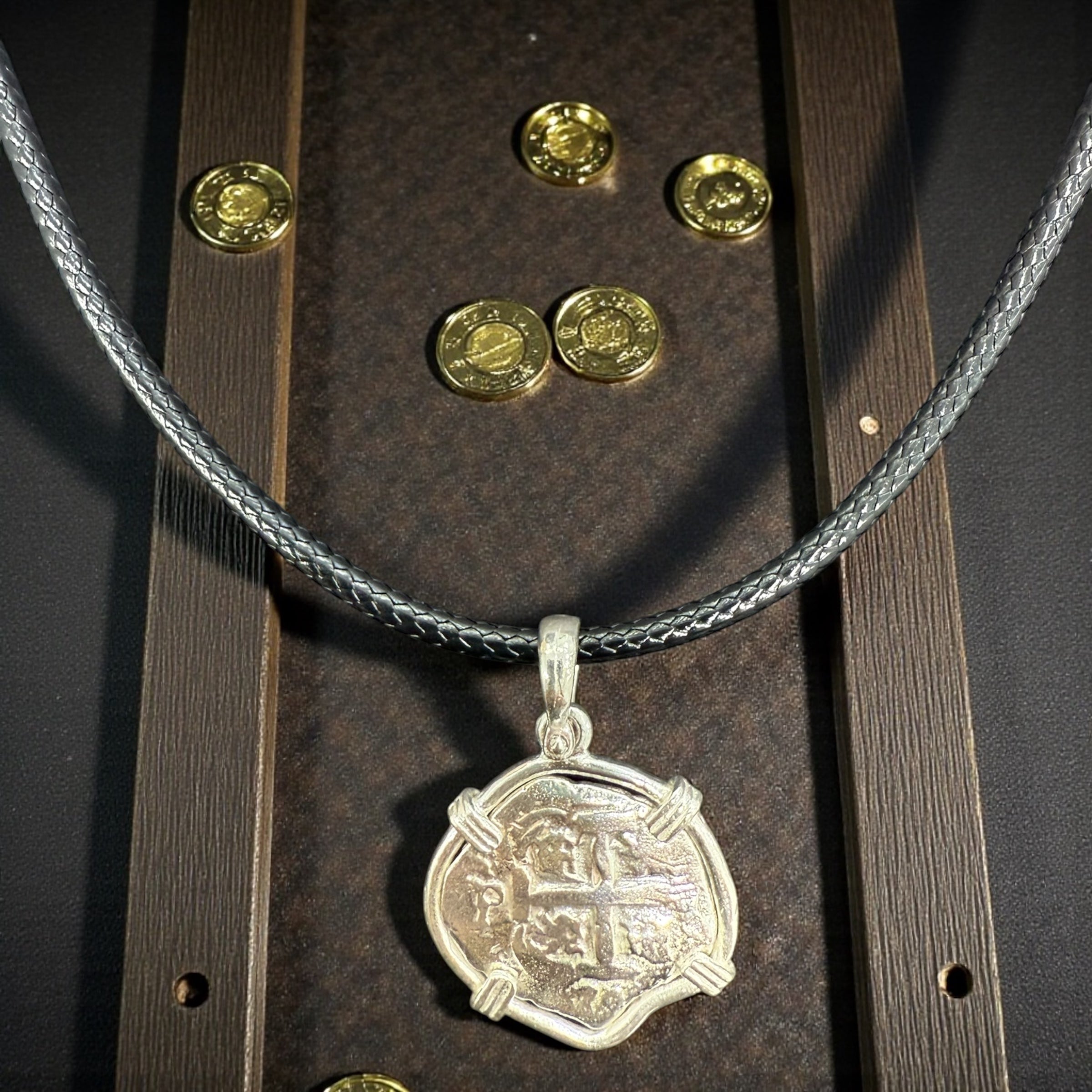 Atocha solid 925 sterling silver coin pendant with leather chain in 925 silver clasp