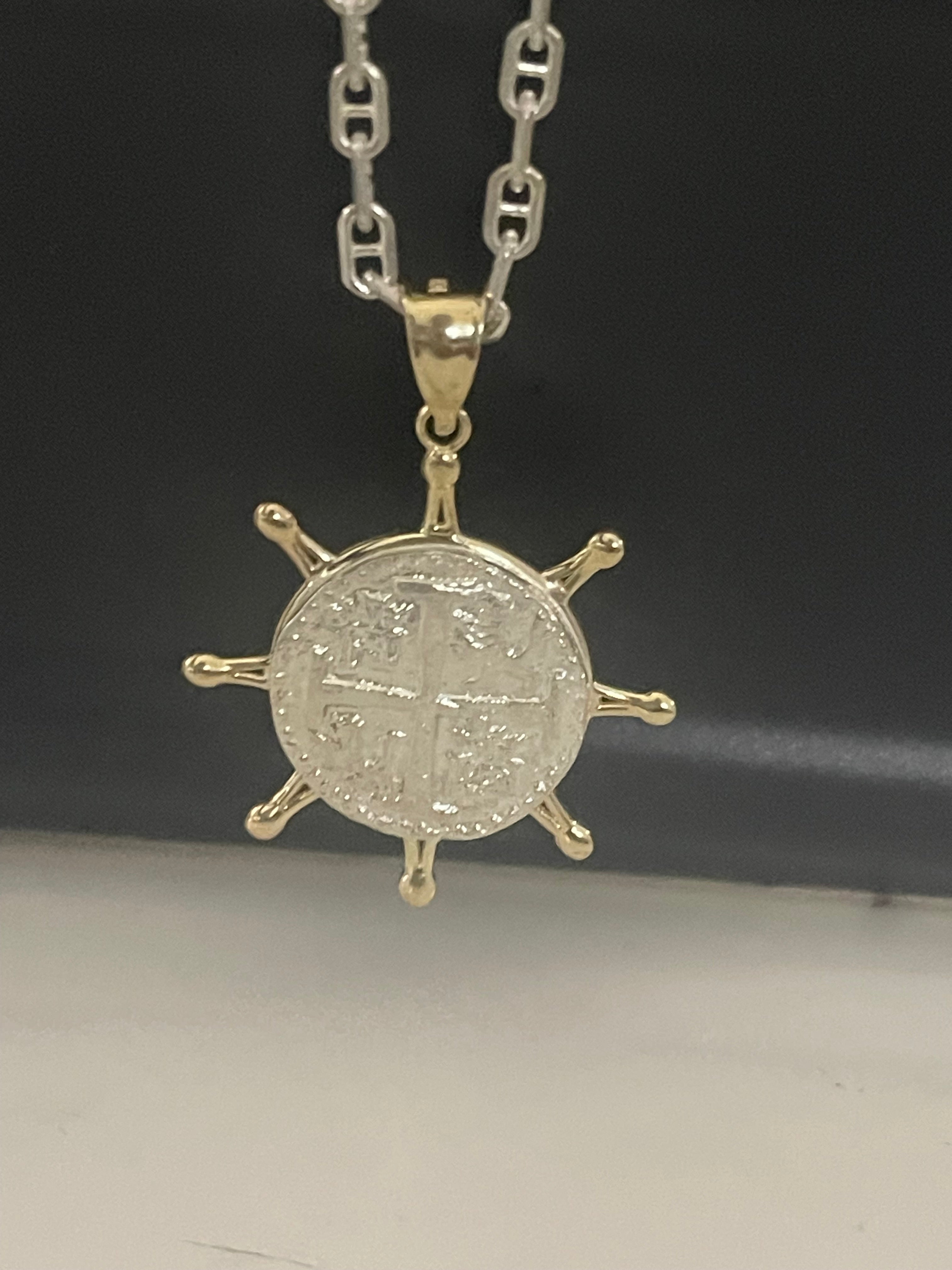 NUESTRA SENORA DE ATOCHA MINI SILVER COIN PENDANT IN 10K REAL GOLD SHIP’S WHEEL