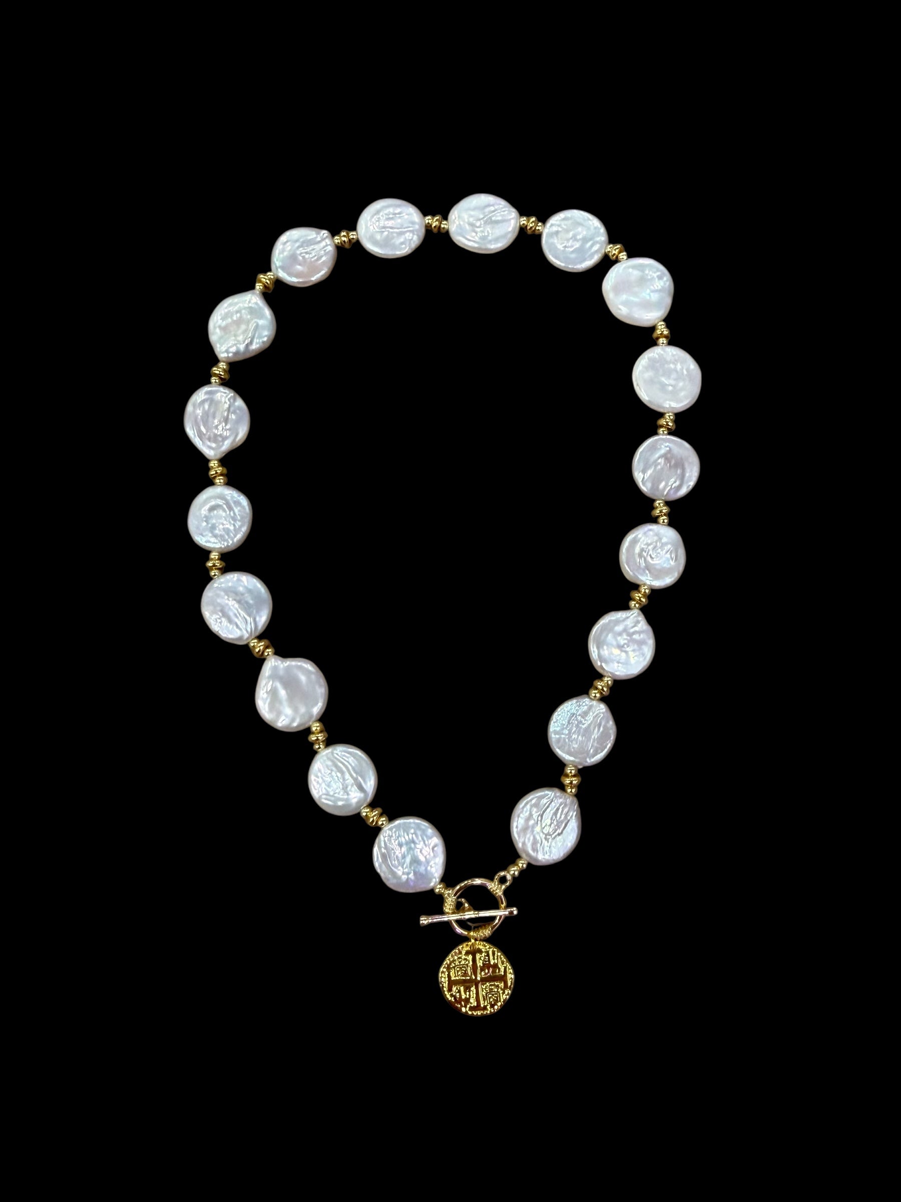 Beautiful Coin Pearl toggle necklace on atocha silver coin charm