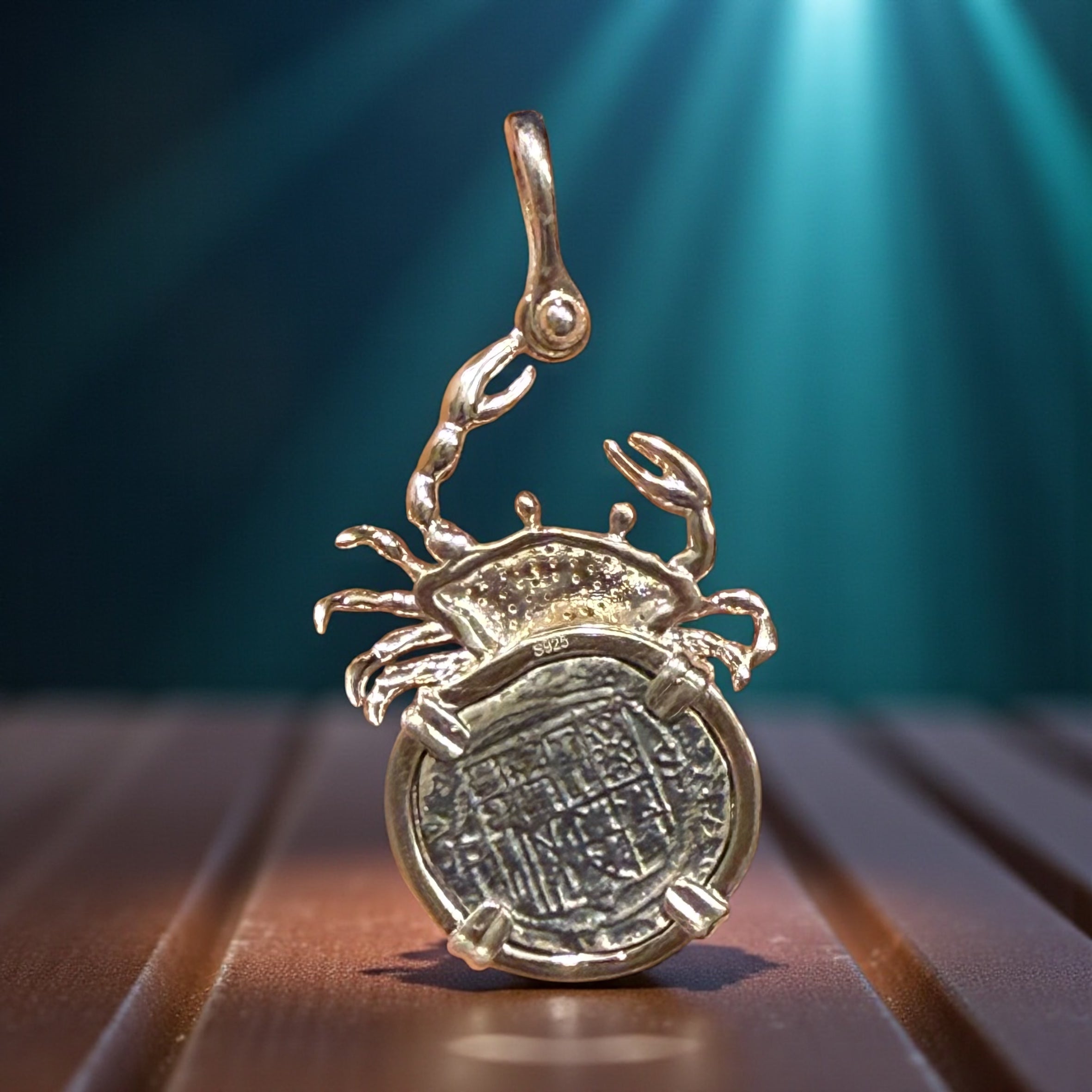 Atocha Shipwreck silver coin pendant in crystal crab setting