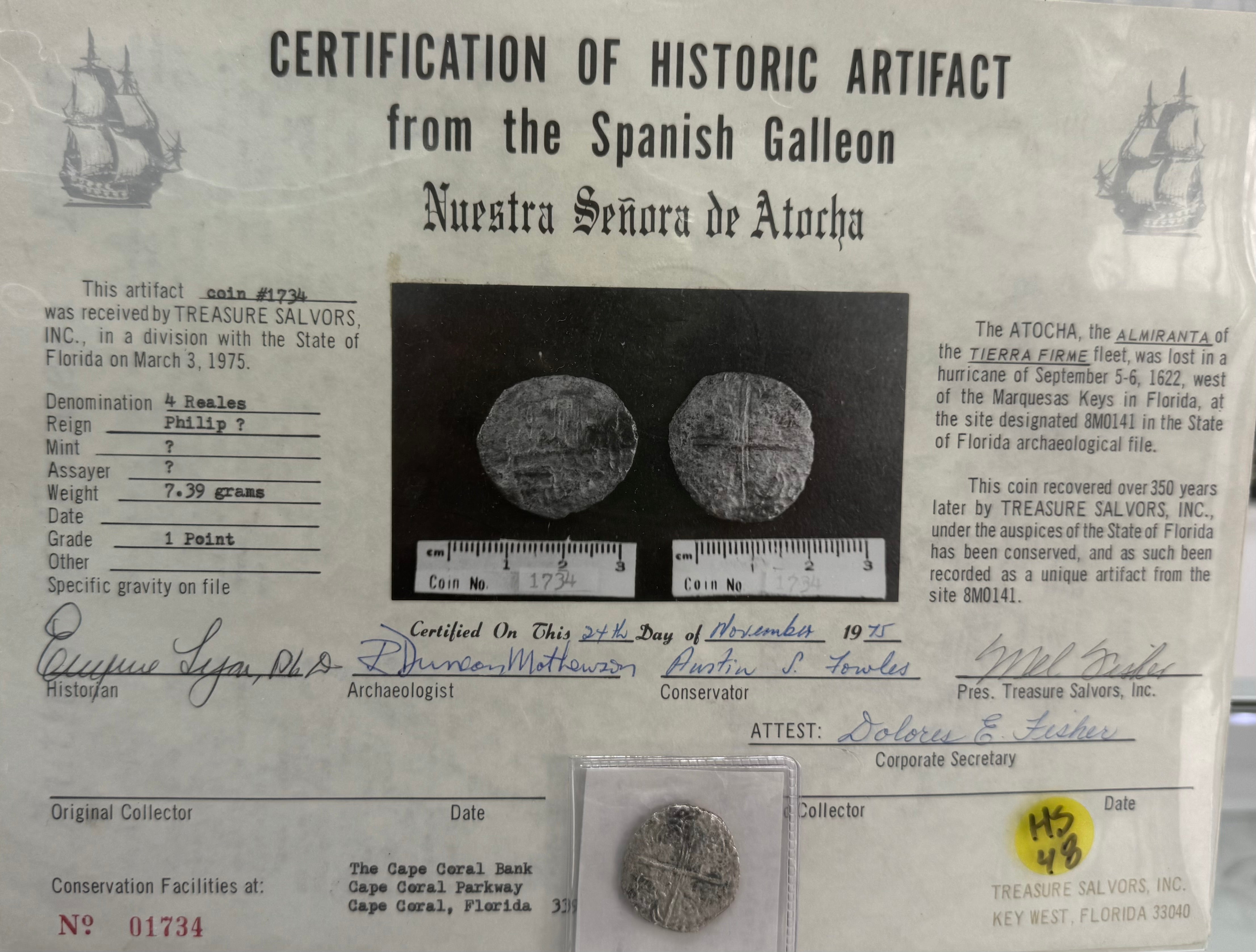 ACTUAL COIN NUESTRA SENORA DE ATOCHA SILVER COIN 4 REALE GRADE 1 POINT