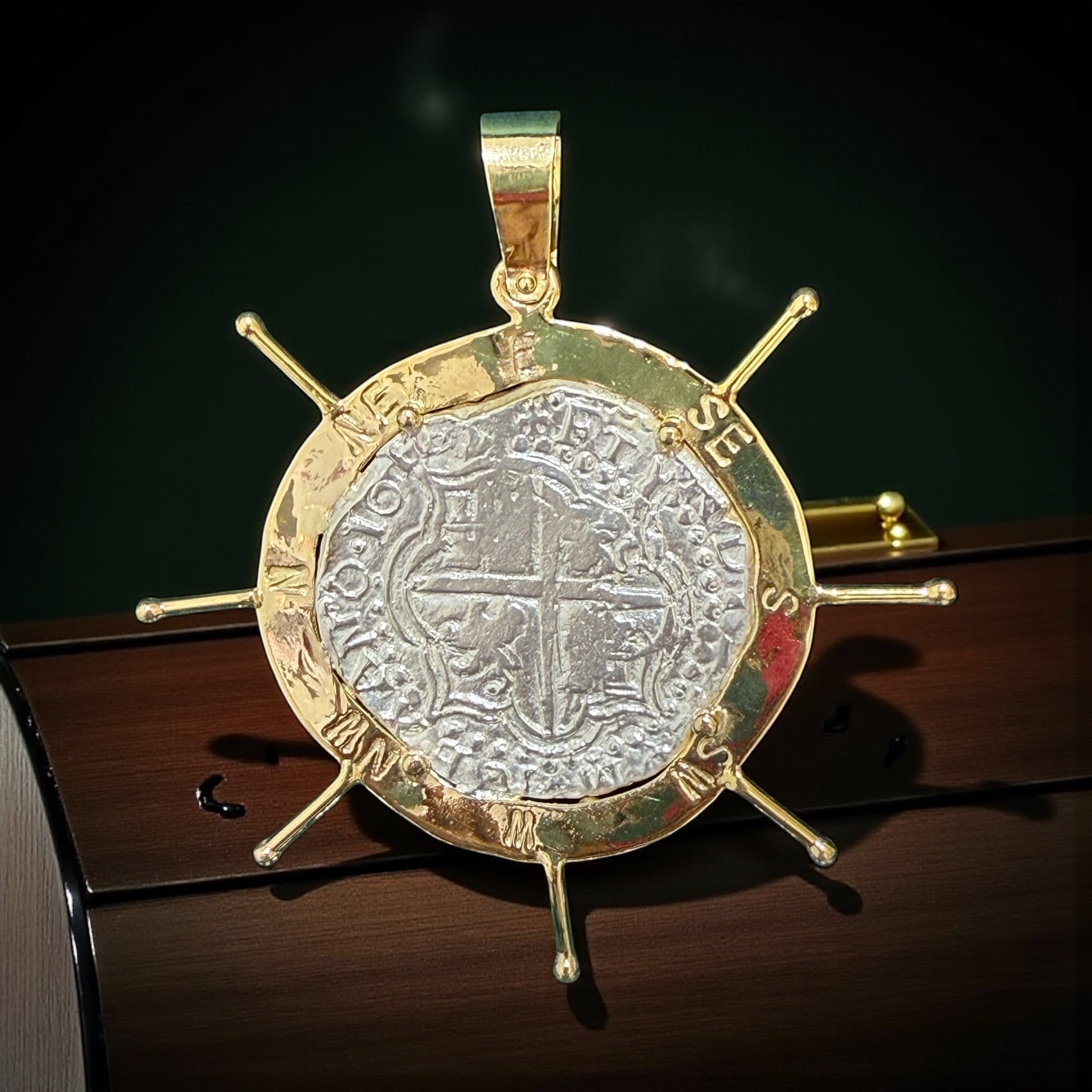 ATOCHA LARGE SILVER COIN PENDANT IN 10KT REAL GOLD SHIP’s WHEEL SETTING