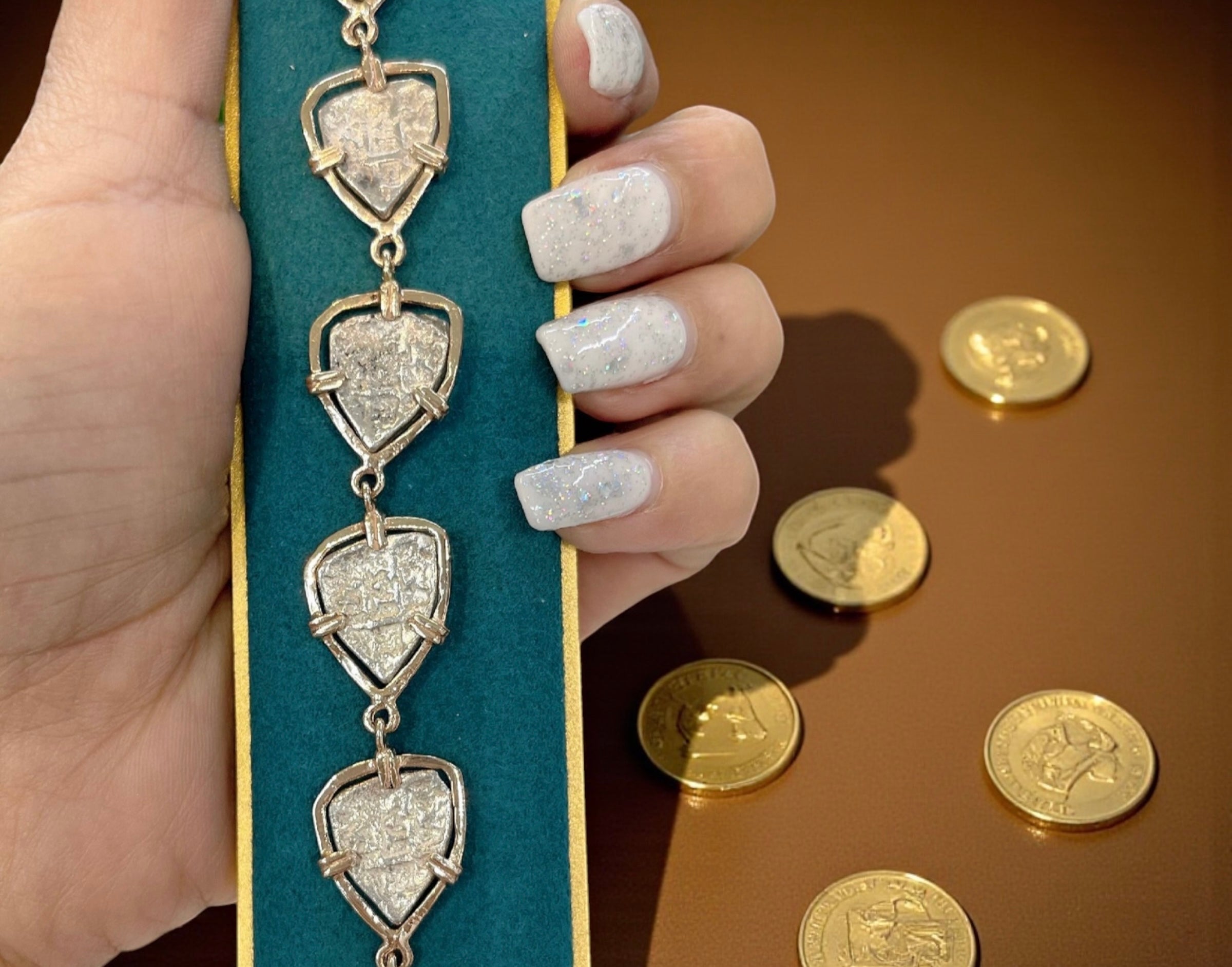 SENORA DE ATOCHA SOLID SILVER COIN BRACELET IN 14K SOLID GOLD BEZEL