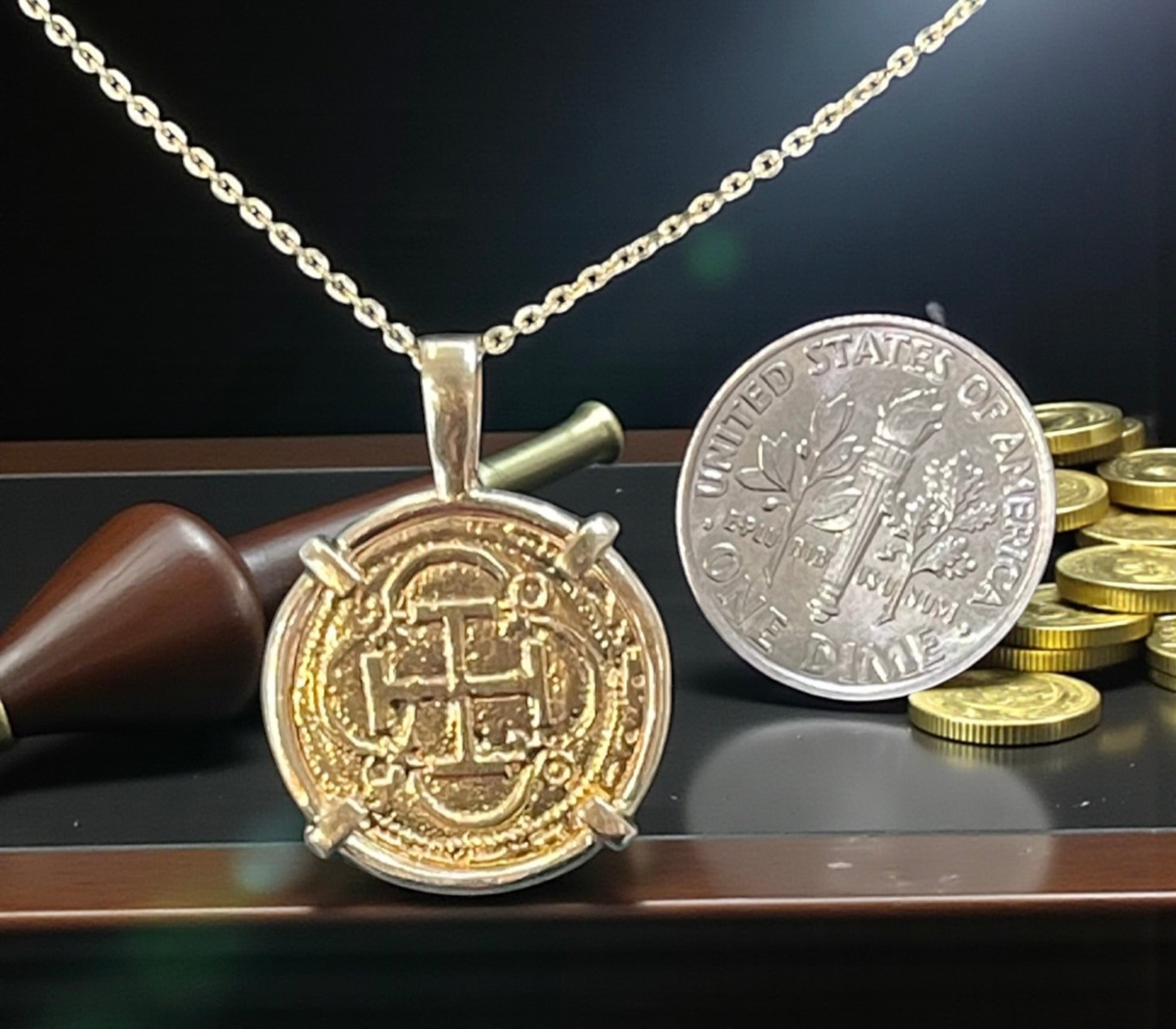 ATOCHA SHIPWRECK GOLD COIN PENDANT HANDMADE WITH 14k SOLID GOLD WITH 14k REAL GOLD CHAIN 18” LONG