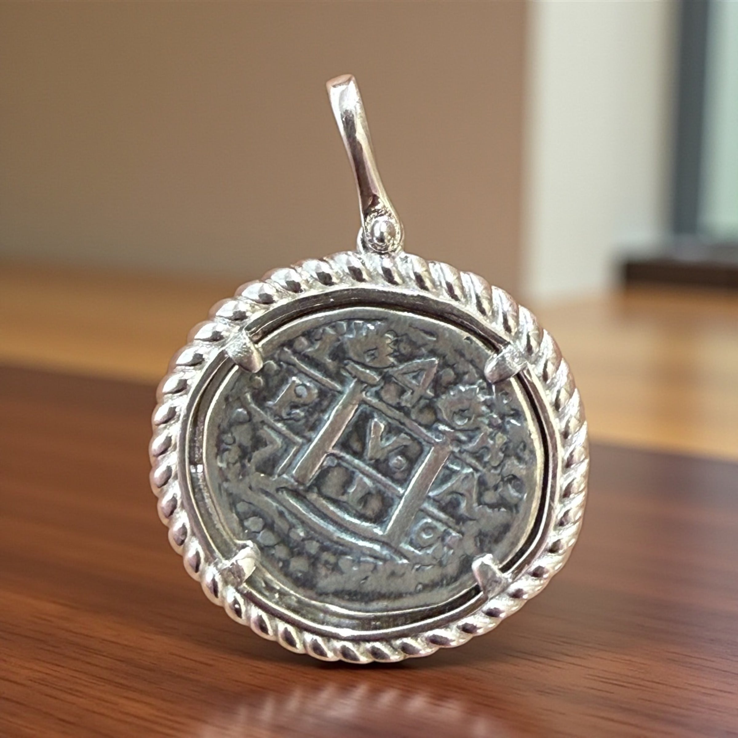 Gorgeous Atocha Shipwreck coin pendant in rope bezel setting quarter size 29mm