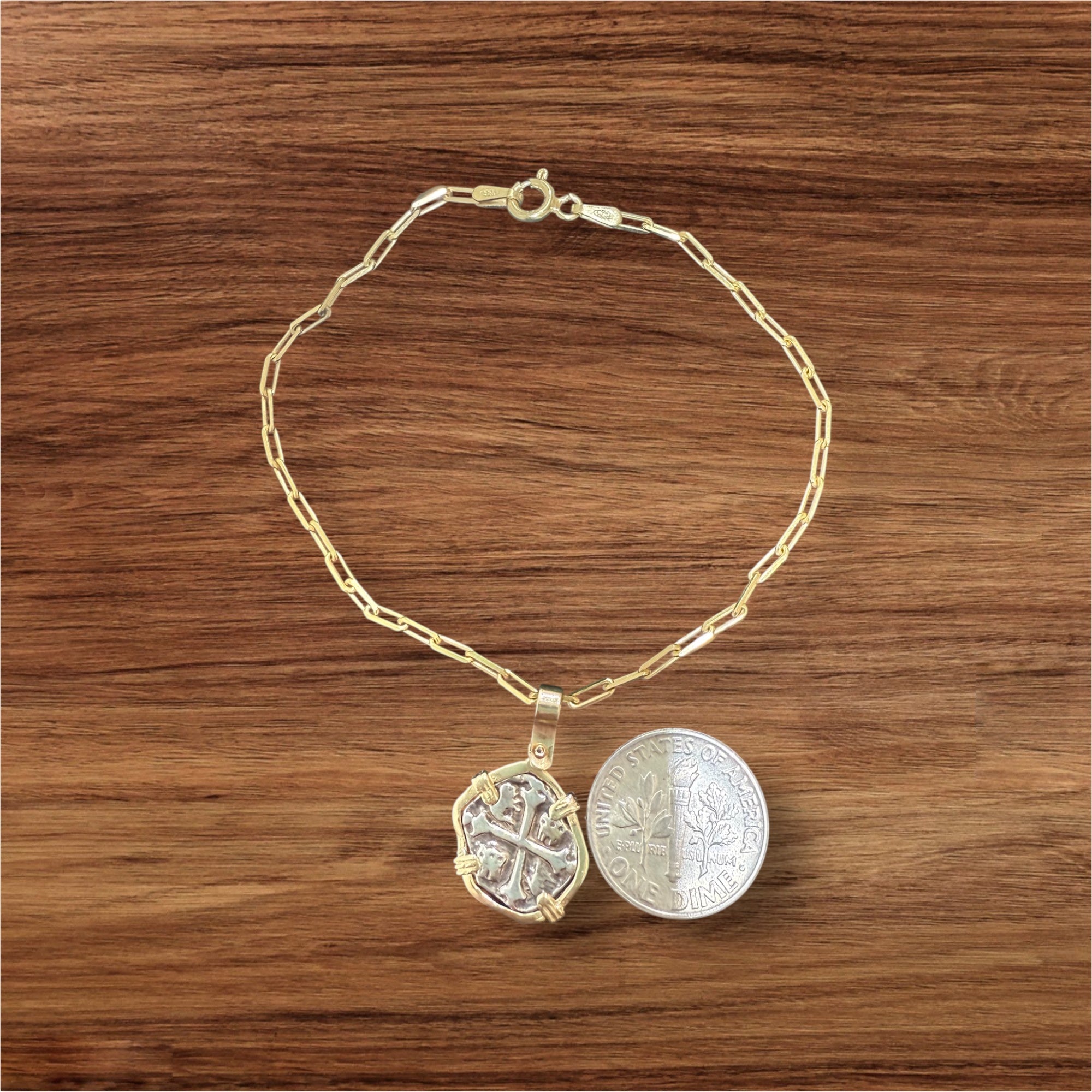 Atocha mini coin in 14k gold bezel charm bracelet set in 925 silver paper clip bracelet 1.9mm