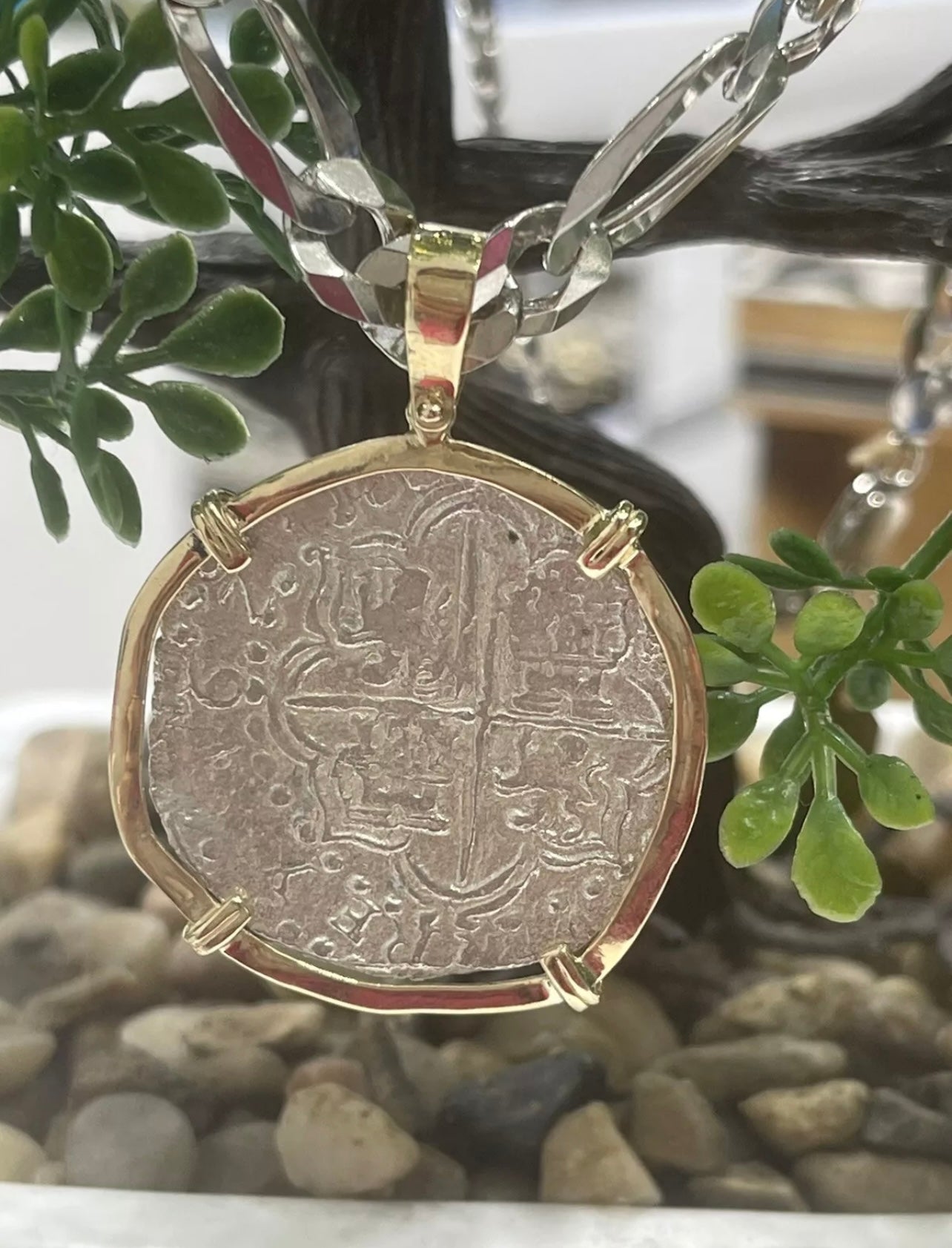 ATOCHA SILVER COIN PENDANT IN 14K REAL SOLID GOLD BEZEL