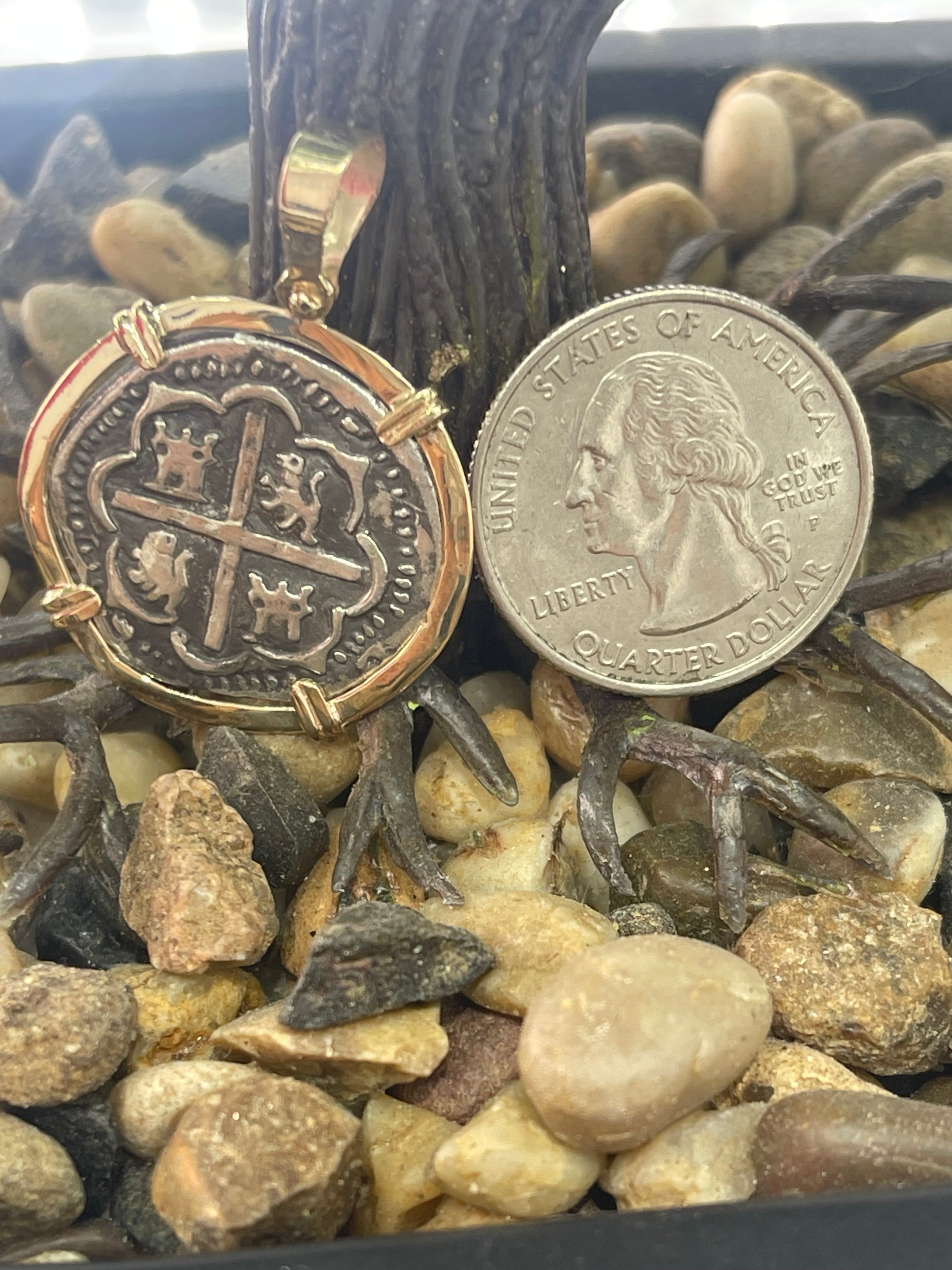 ATOCHA SILVER COIN PENDANT IN 14K REAL SOLID GOLD BEZEL HANDMADE FROM ATOCHA SILVER