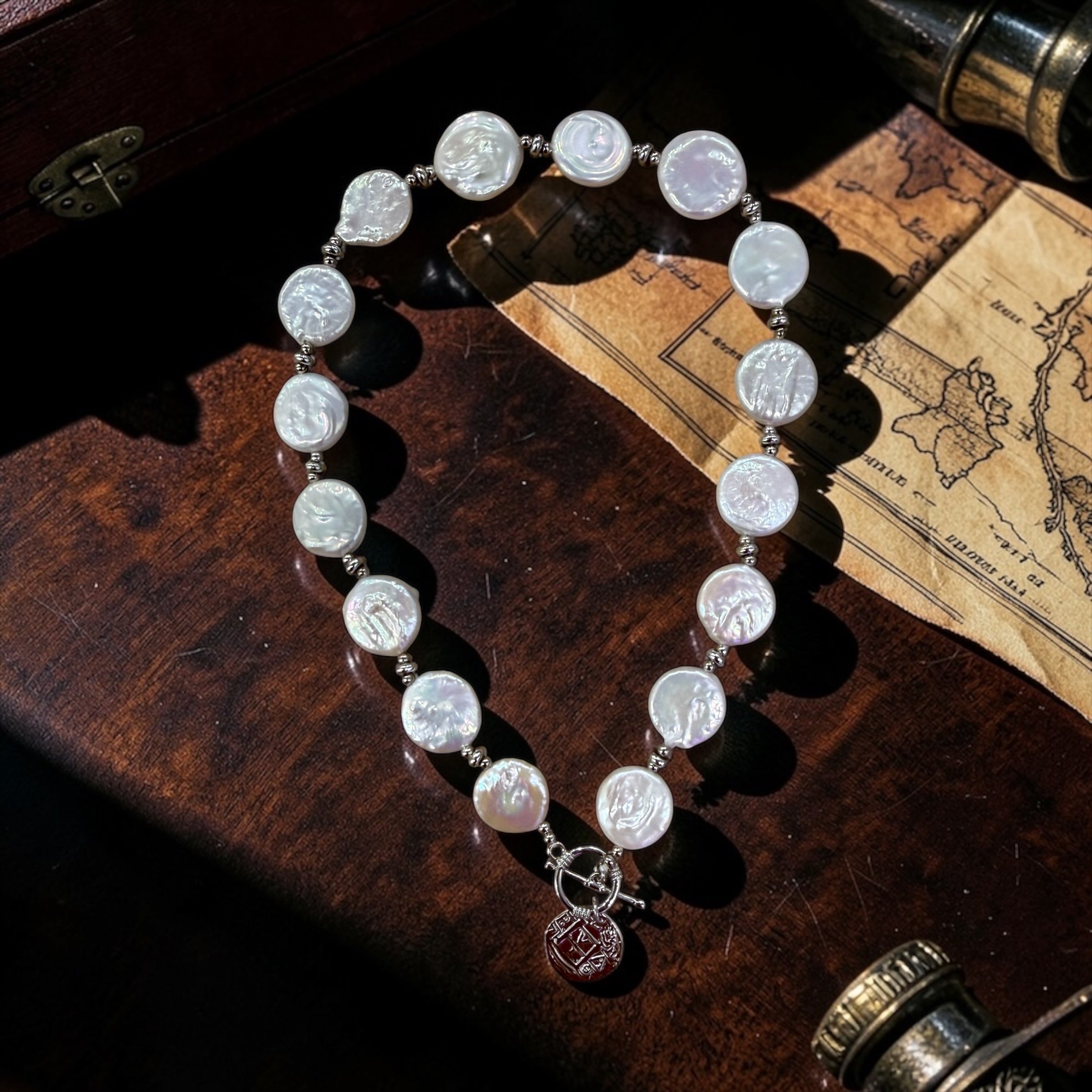 Coin Pearl Toggle Necklace: Atocha Sterling Silver Charm, 925 sterling silver