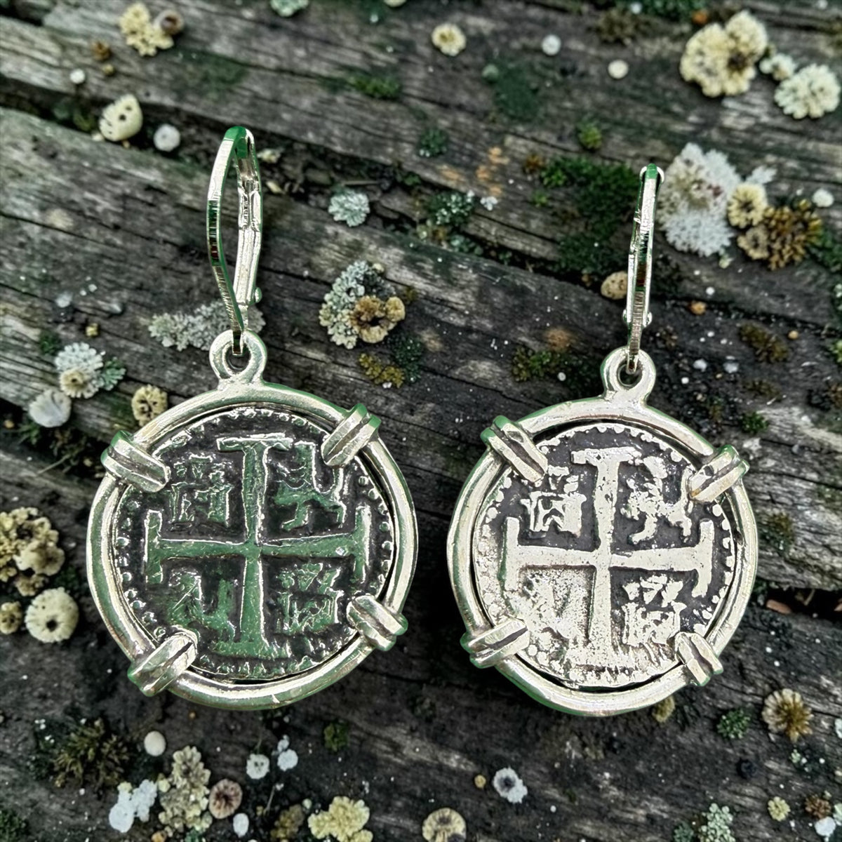 925 solid sterling silver recreation of Atocha coin earrings 21mm