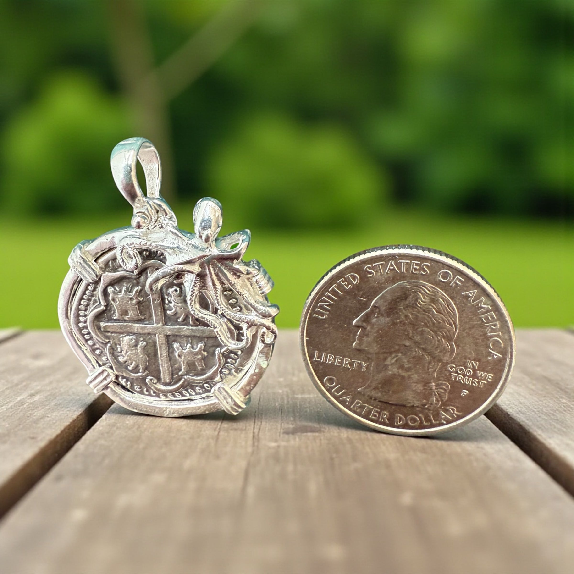 SOLID SILVER COIN PENDANT IN BEAUTIFUL OCTOPUS BEZEL MADE WITH 925 STERLING SILVER