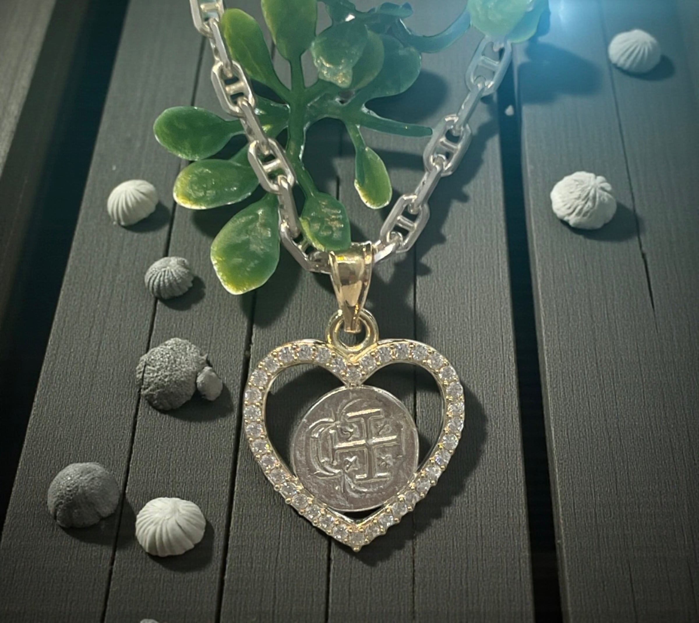 NUESTRA SENORA DE ATOCHA MINI SILVER COIN PENDANT IN 10K REAL GOLD CRYSTAL HEART