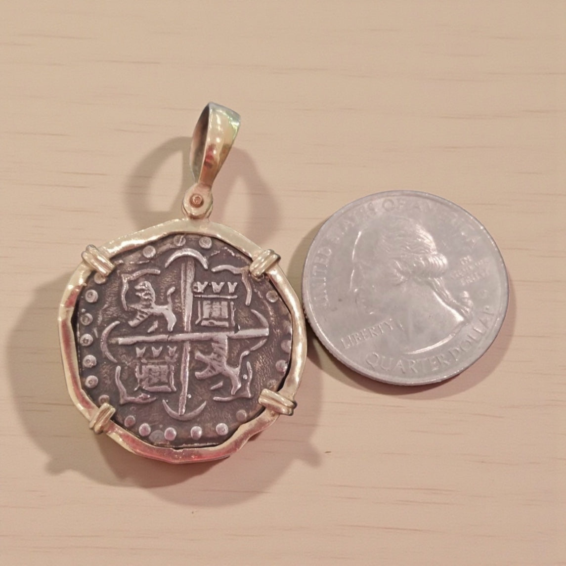 Replica ATOCHA Silver Coin Pendant In 14k Gold Bezel Handmade From Atocha Silver