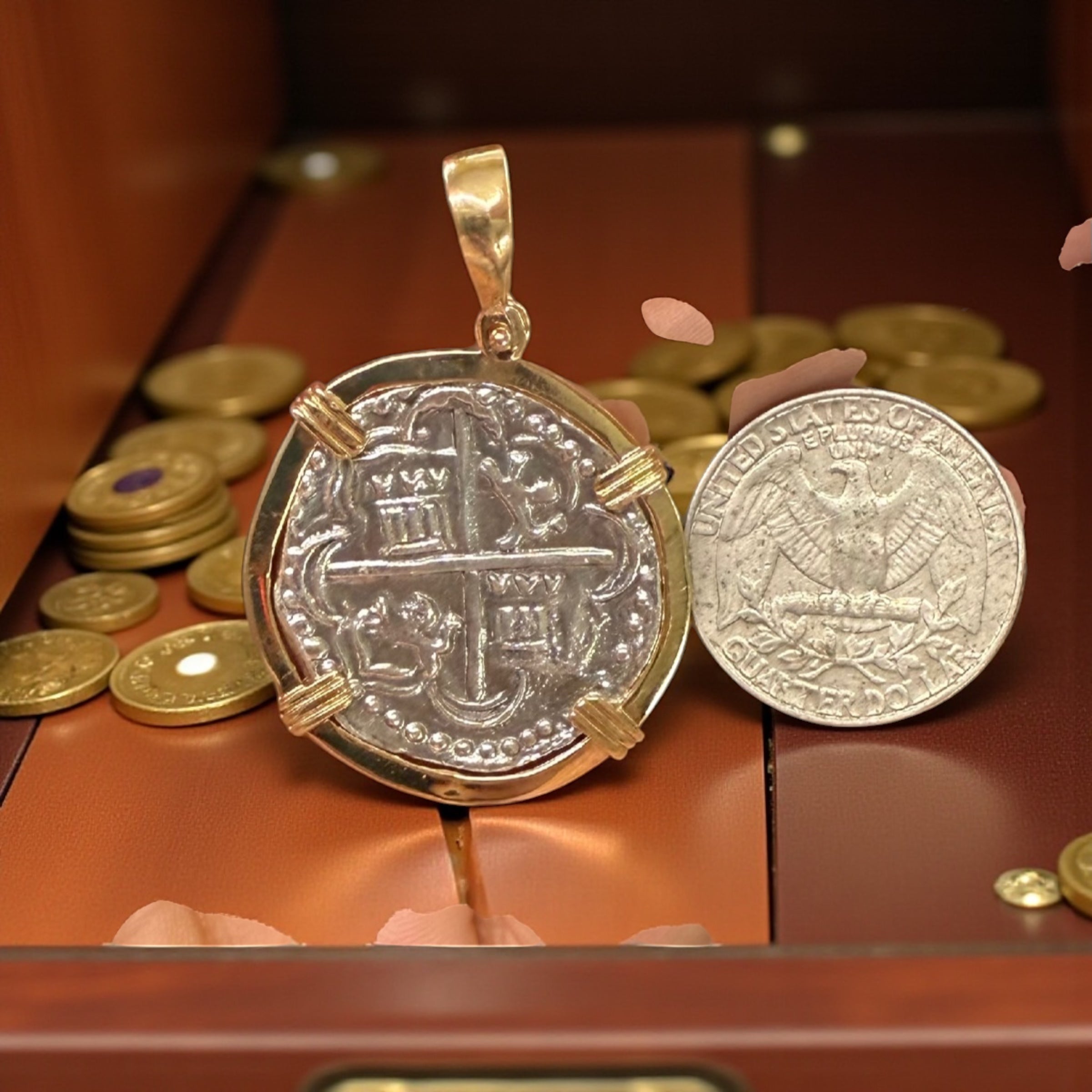 GORGEOUS ATOCHA SOLID SILVER SOLID COIN PENDANT IN 14K SOLID GOLD BEZEL