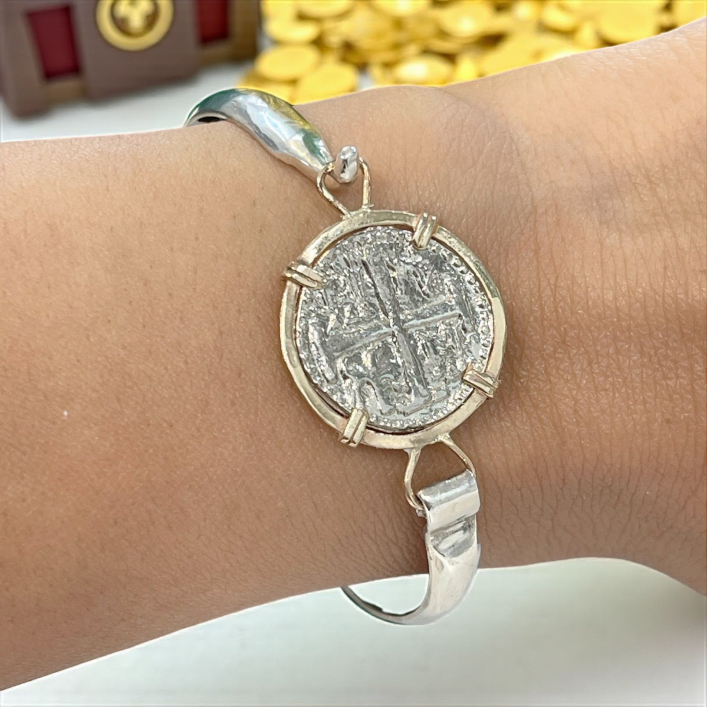 ATOCHA SOLID SILVER COIN BANGLE BEZELED WITH 14k SOLID GOLD BEZEL