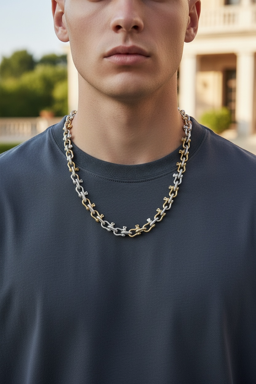 10k solid real gold and 925 solid sterling silver two tone handmade shackle link bracelet or necklace (unisex) 7mm