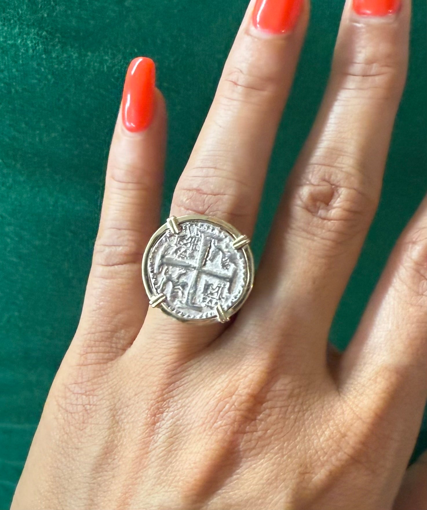 ATOCHA SILVER COIN RING IN 14k REAL GOLD BEZEL AND SILVER BAND