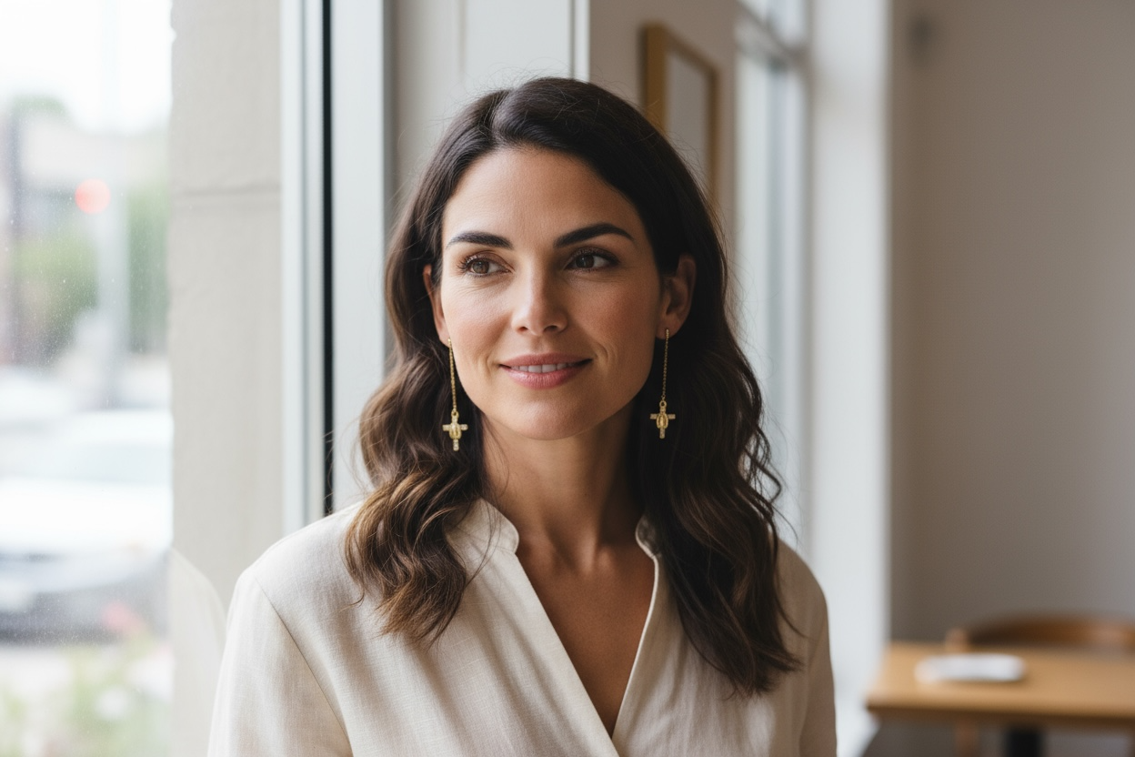 14K REAL GOLD CROSS MOTHER MARY THREAD EARRINGS.