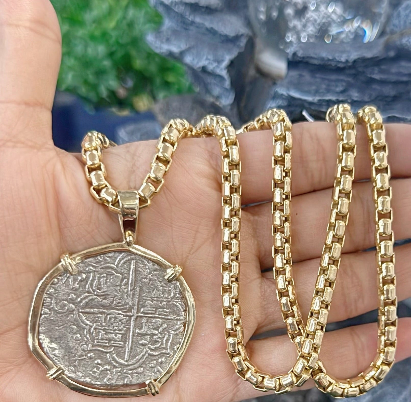 NUESTRA SENORA DE ATOCHA SILVER COIN PENDANT IN 14K REAL SOLID GOLD BEZEL 8 REALE SIZE HANDMADE FROM ATOCHA SILVER