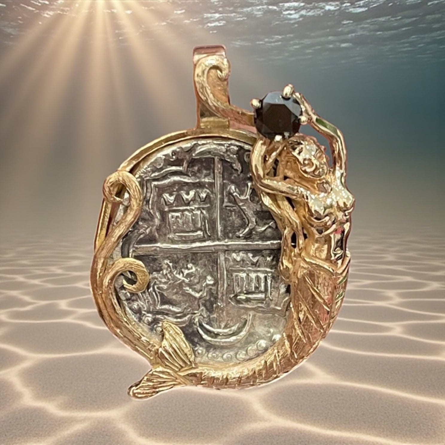GORGEOUS ATOCHA SHIPWRECK SILVER COIN PENDANT IN 14KT SOLID REAL GOLD MERMAID BEZEL HOLDING A GEMSTONE