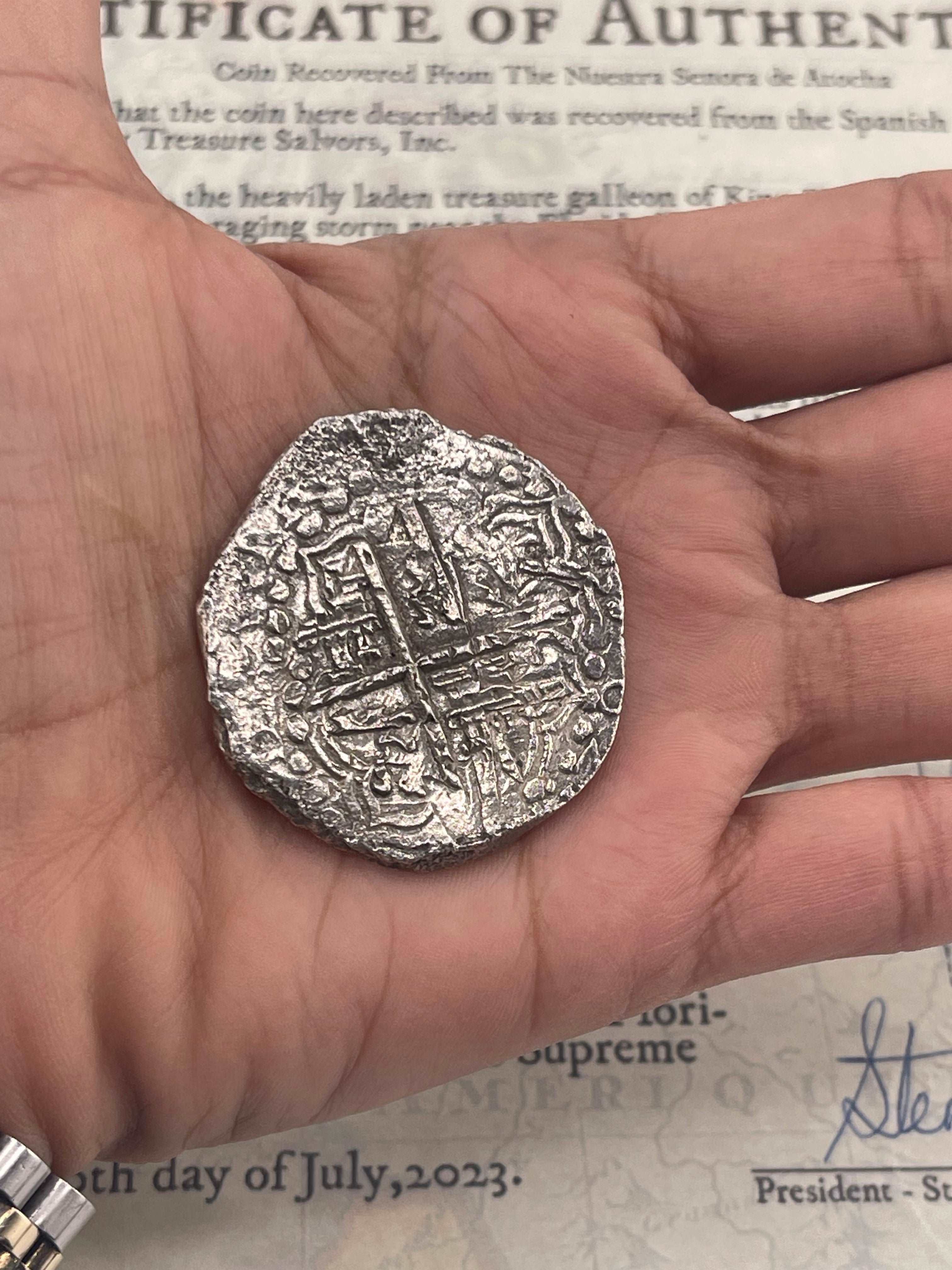 ACTUALNUESTRA SENORA DE ATOCHA SILVER COIN 8 REALE GRADE 1 REIGH:PHILIP III