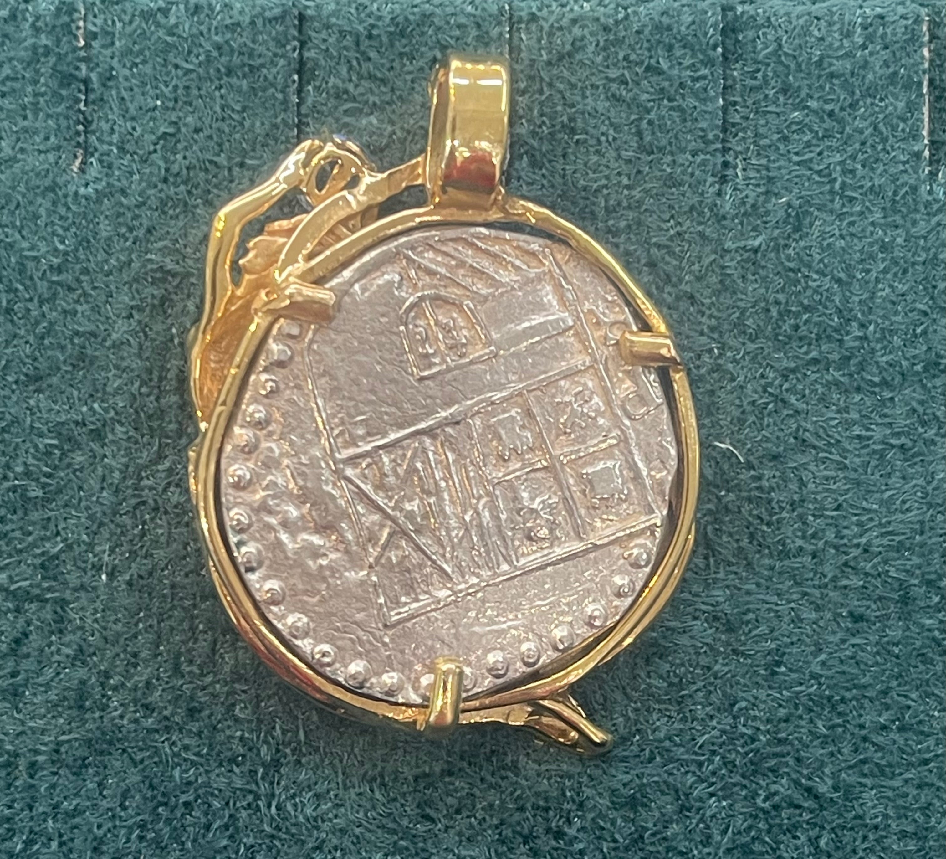 GORGEOUS ATOCHA SHIPWRECK SILVER COIN PENDANT IN 14KT SOLID REAL GOLD MERMAID BEZEL HOLDING A GEMSTONE
