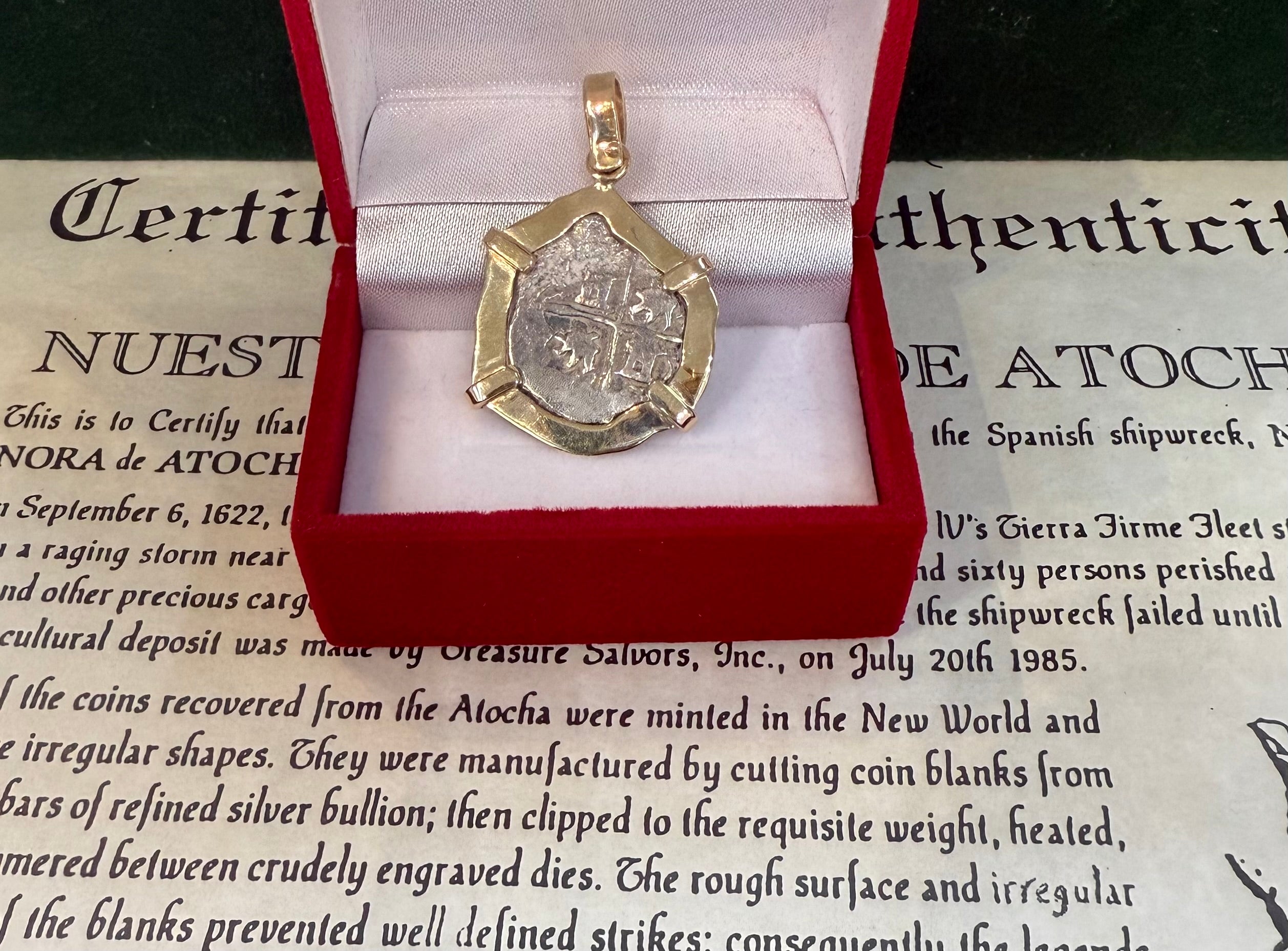 ACTUAL COIN NUESTRA SENORA DE ATOCHA SILVER COIN 1 REALE GRADE 3 IN 14K SOLID GOLD BEZEL SHIPWRECK COIN PENDANT