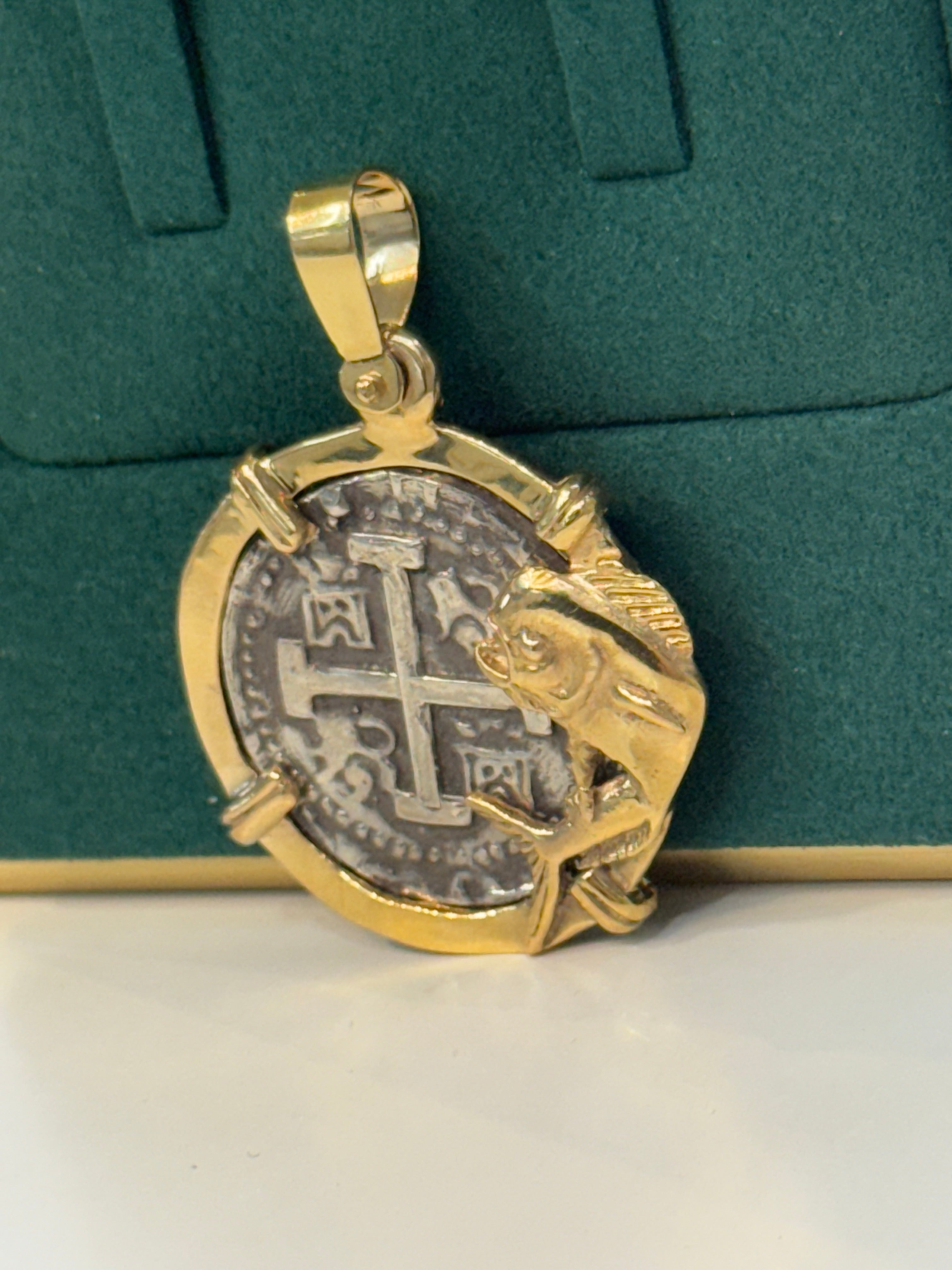 ATOCHA SOLID SILVER COIN PENDANT IN 14KT SOLID REAL GOLD MAHI MAHI FISH BEZEL