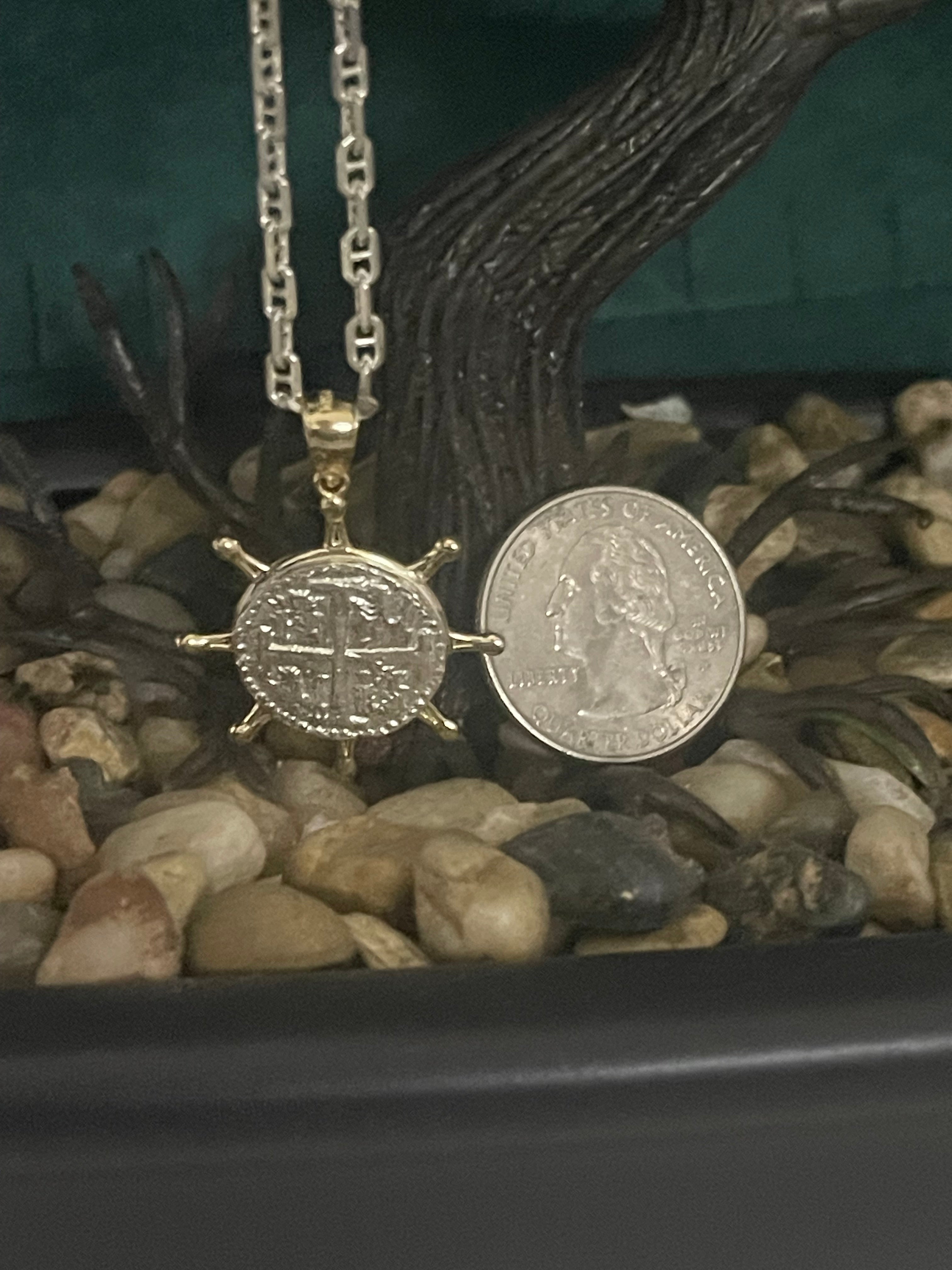 NUESTRA SENORA DE ATOCHA MINI SILVER COIN PENDANT IN 10K REAL GOLD SHIP’S WHEEL