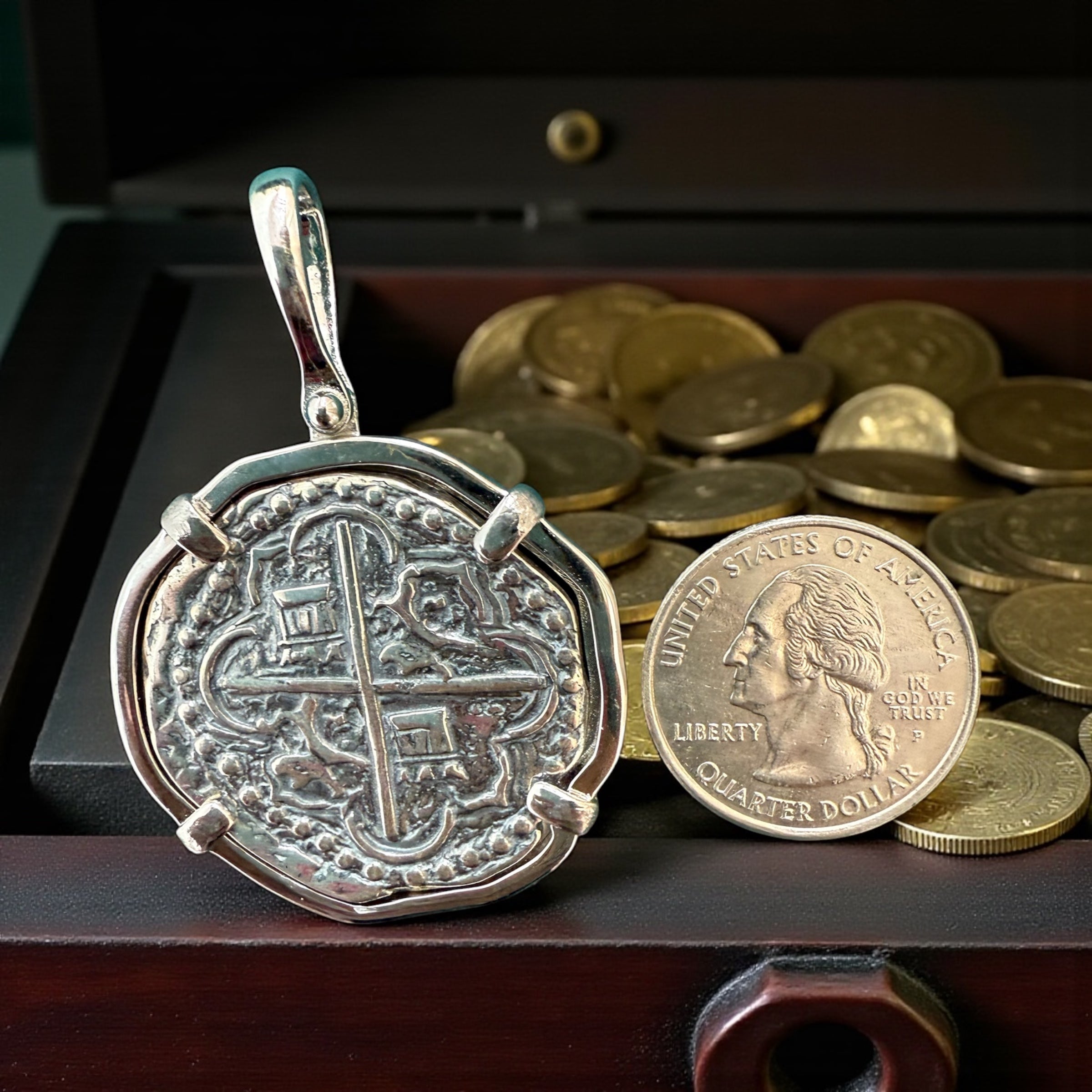 Atocha large size silver coin pendant in polished finish with bale 10mm size