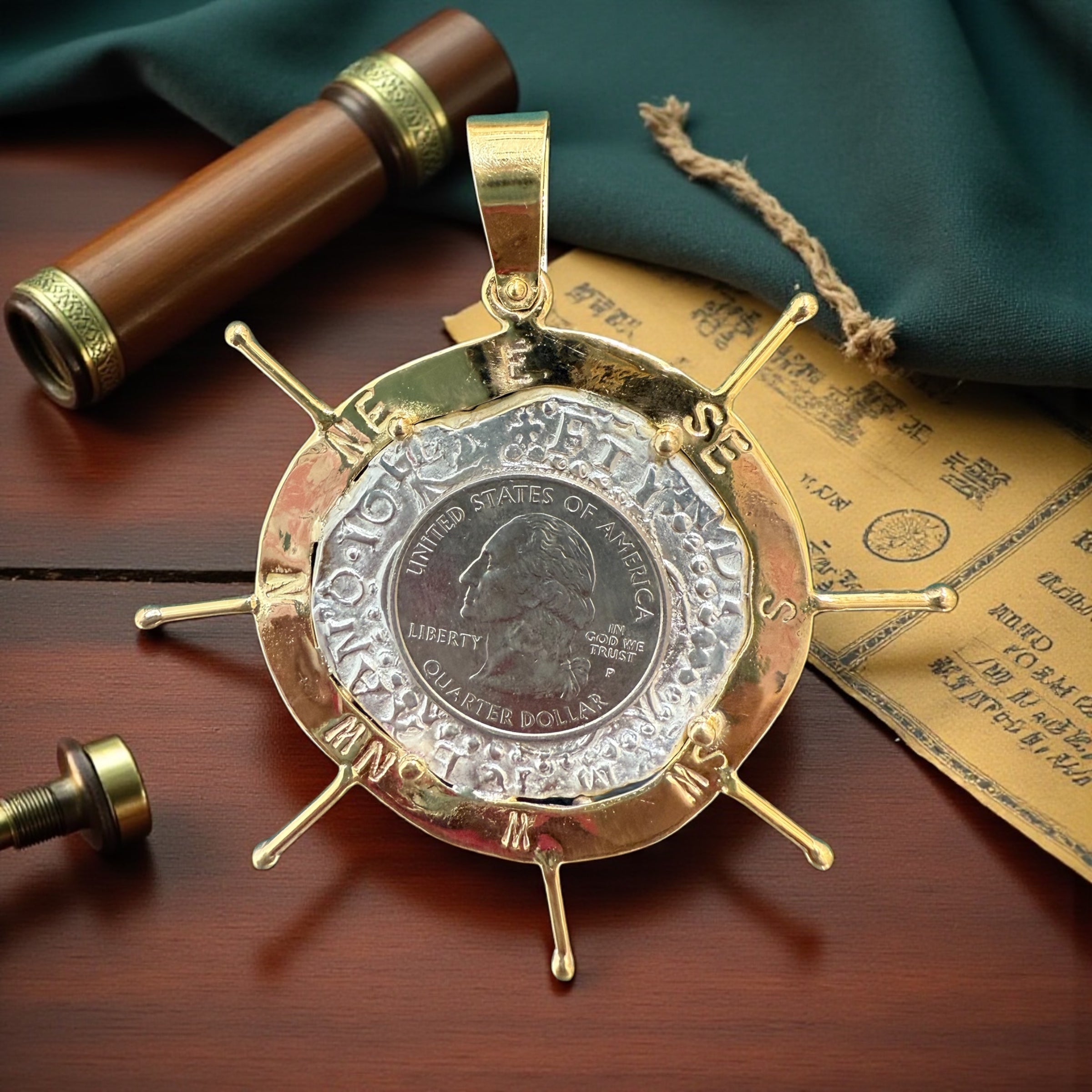 ATOCHA LARGE SILVER COIN PENDANT IN 10KT REAL GOLD SHIP’s WHEEL SETTING