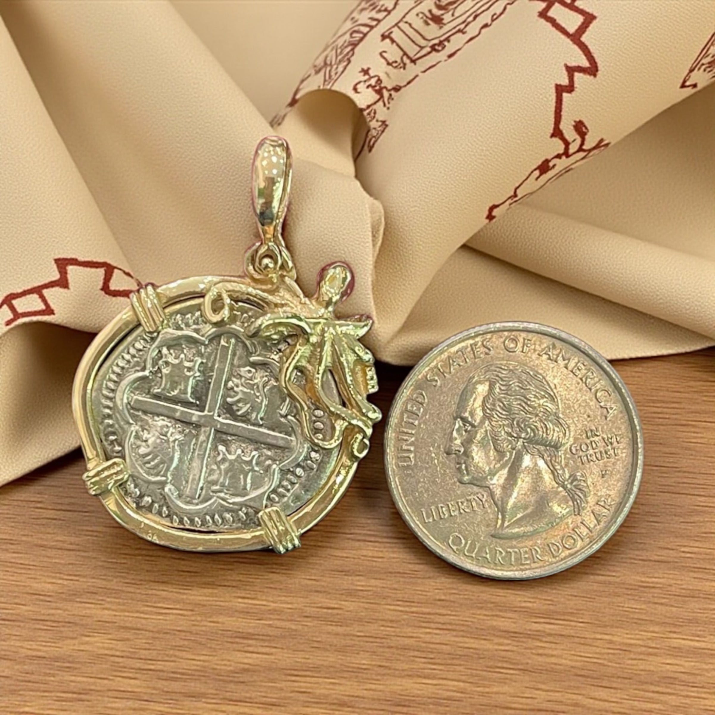 NUESTRA SENORA DE ATOCHA SILVER COIN PENDANT IN 14KT SOLID GOLD OCTOPUS BEZEL