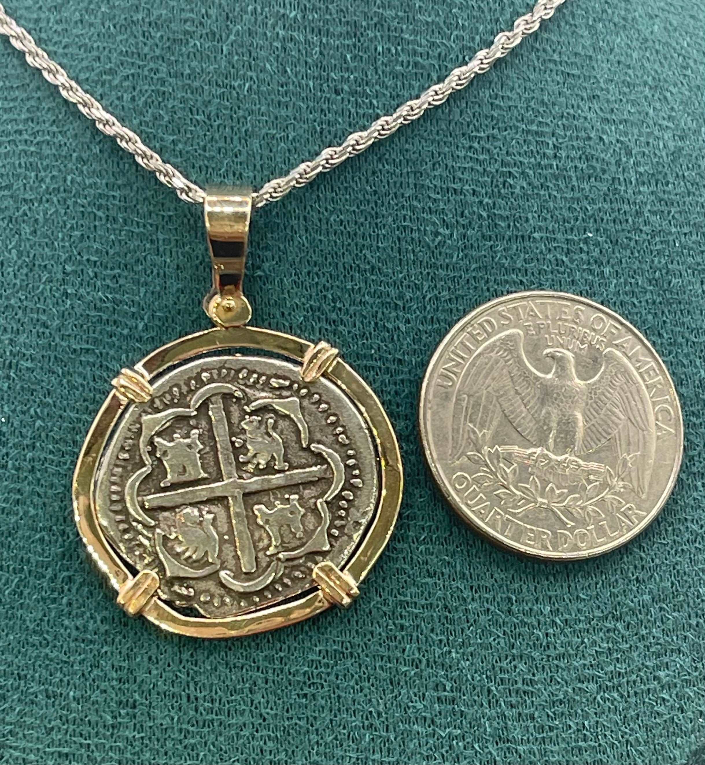 NUESTRA SENORA DE ATOCHA SILVER COIN PENDANT IN 14KT SOLID GOLD BEZEL