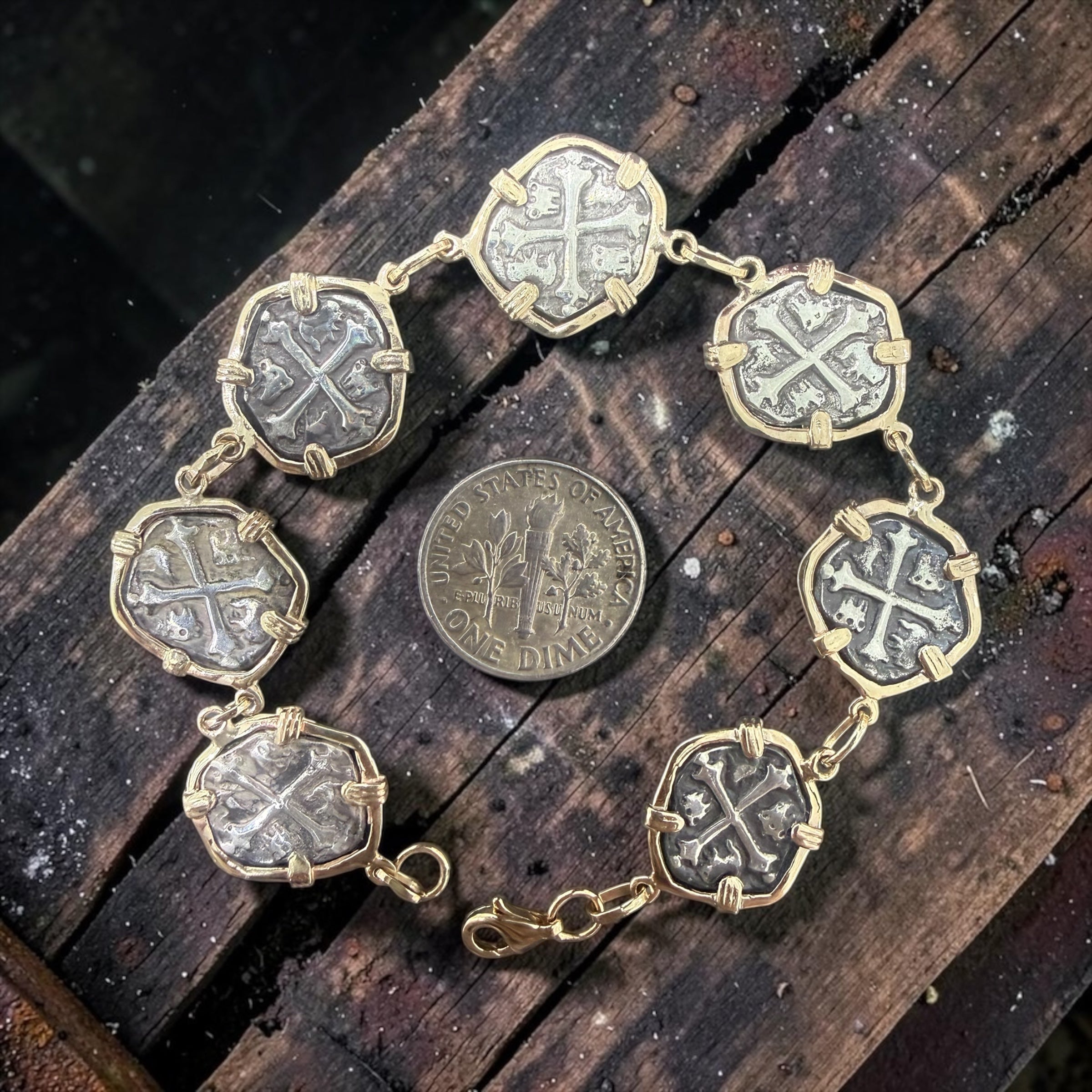 Handmade Recreation of atocha shipwreck coin bracelet in 14k real gold bezel