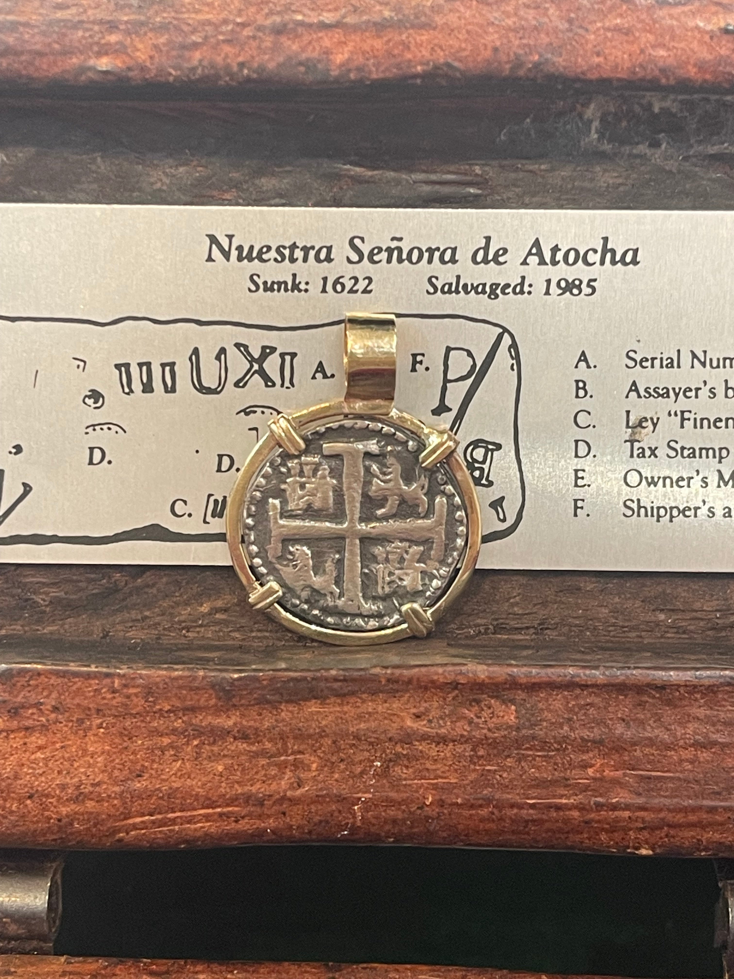 ATOCHA SILVER COIN PENDANT IN 14K REAL SOLID GOLD BEZEL HANDMADE FROM ATOCHA SILVER