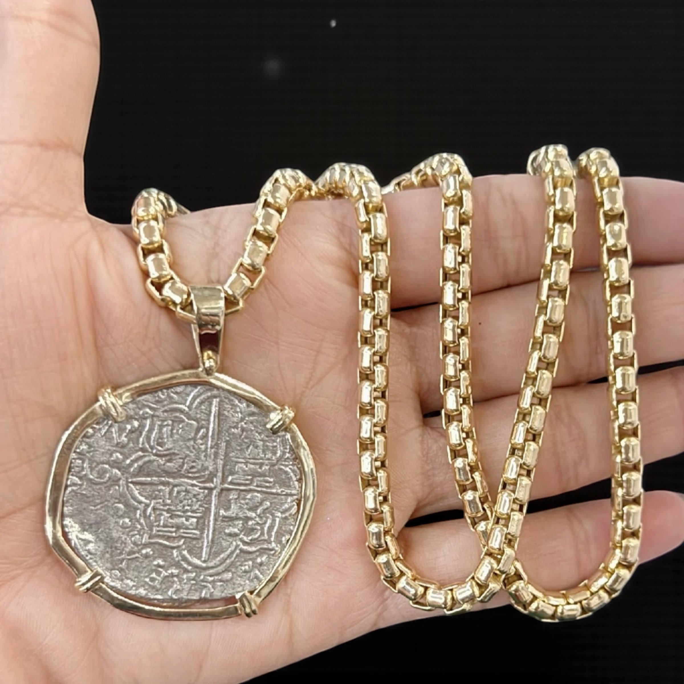 NUESTRA SENORA DE ATOCHA SILVER COIN PENDANT IN 14K REAL SOLID GOLD BEZEL 8 REALE SIZE HANDMADE FROM ATOCHA SILVER