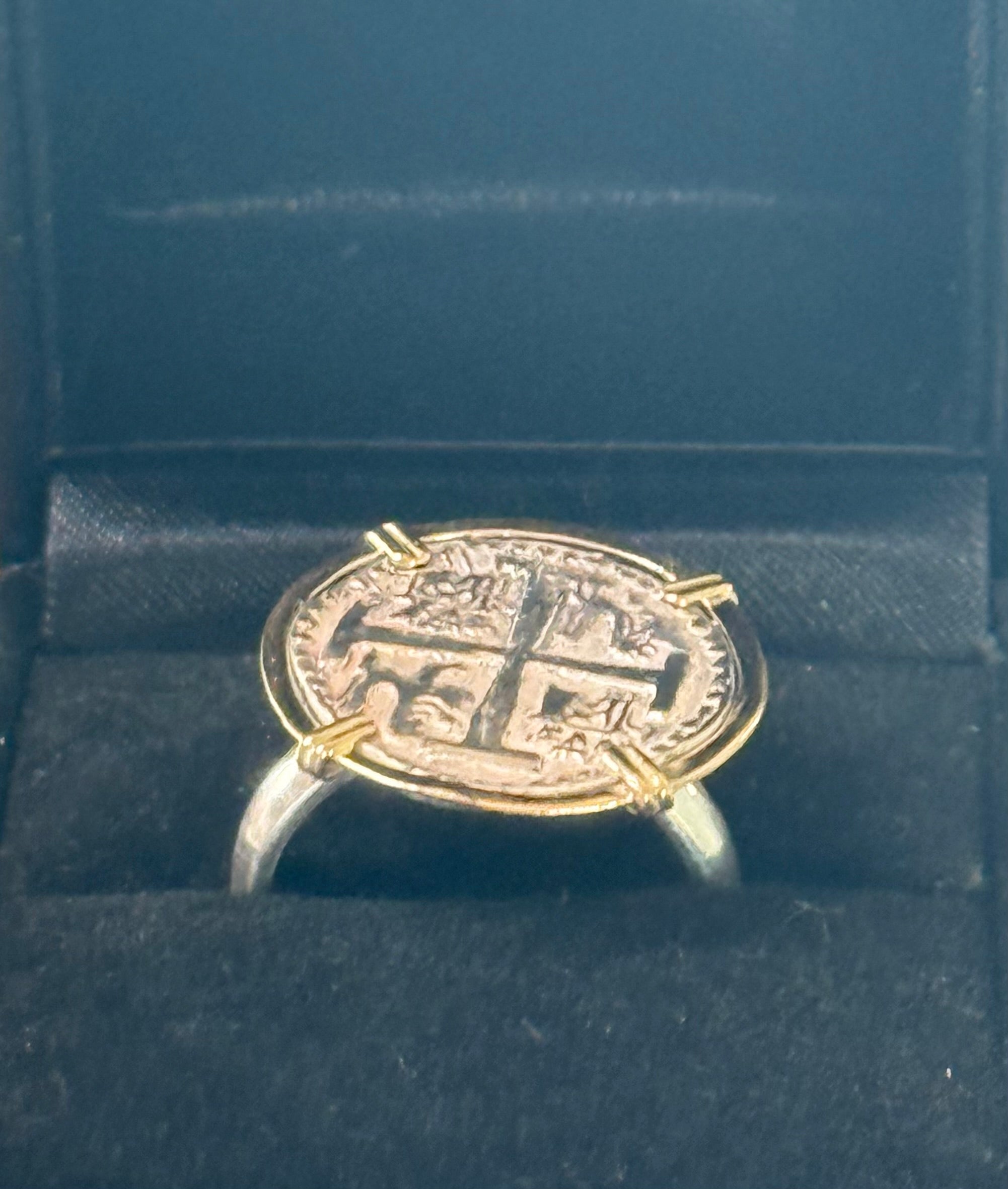 ATOCHA SILVER COIN RING IN 14k REAL GOLD BEZEL AND SILVER BAND