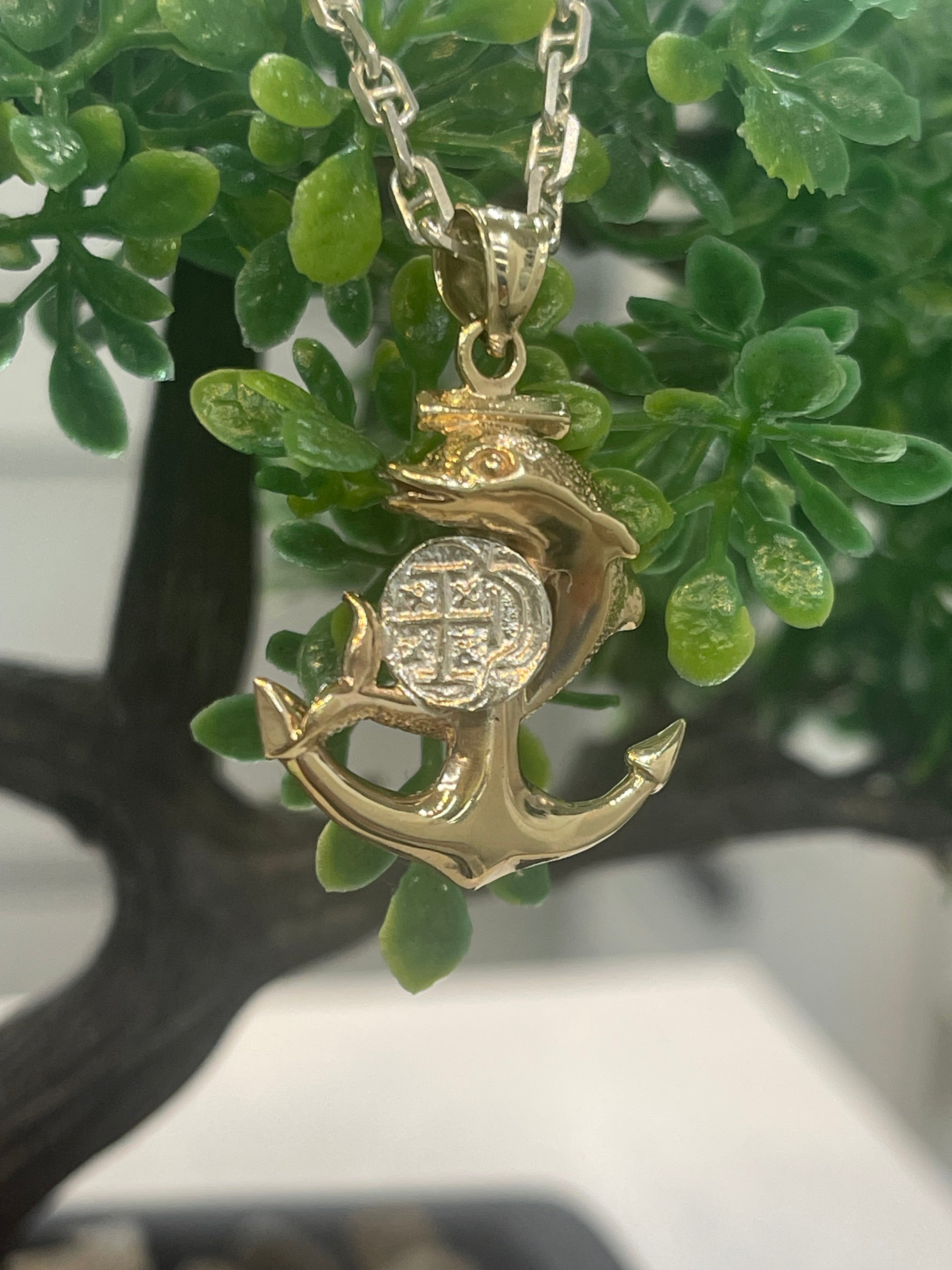 NUESTRA SENORA DE ATOCHA MINI SILVER COIN PENDANT IN 10K REAL GOLD ANCHOR FISH