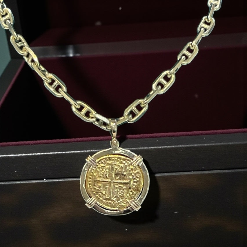 14K REAL SOLID GOLD HEAVY BEAUTIFUL ANCHOR CHAIN 6MM WITH 14K SOLID REAL GOLD HANDMADE ATOCHA COIN PENDANT
